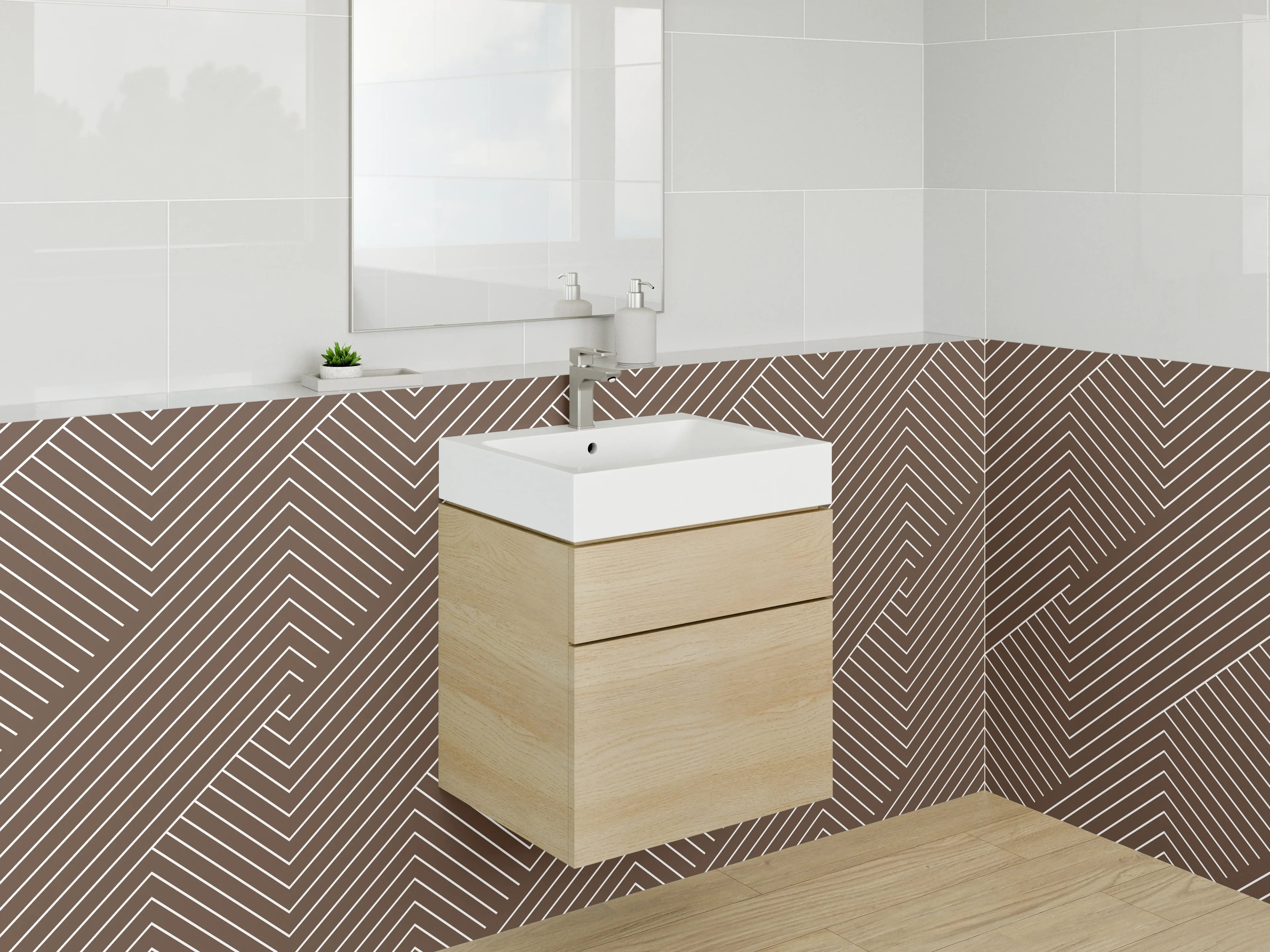 Waschbecken-Rückwand - Geometrisches Art Deco Linienmuster Braun