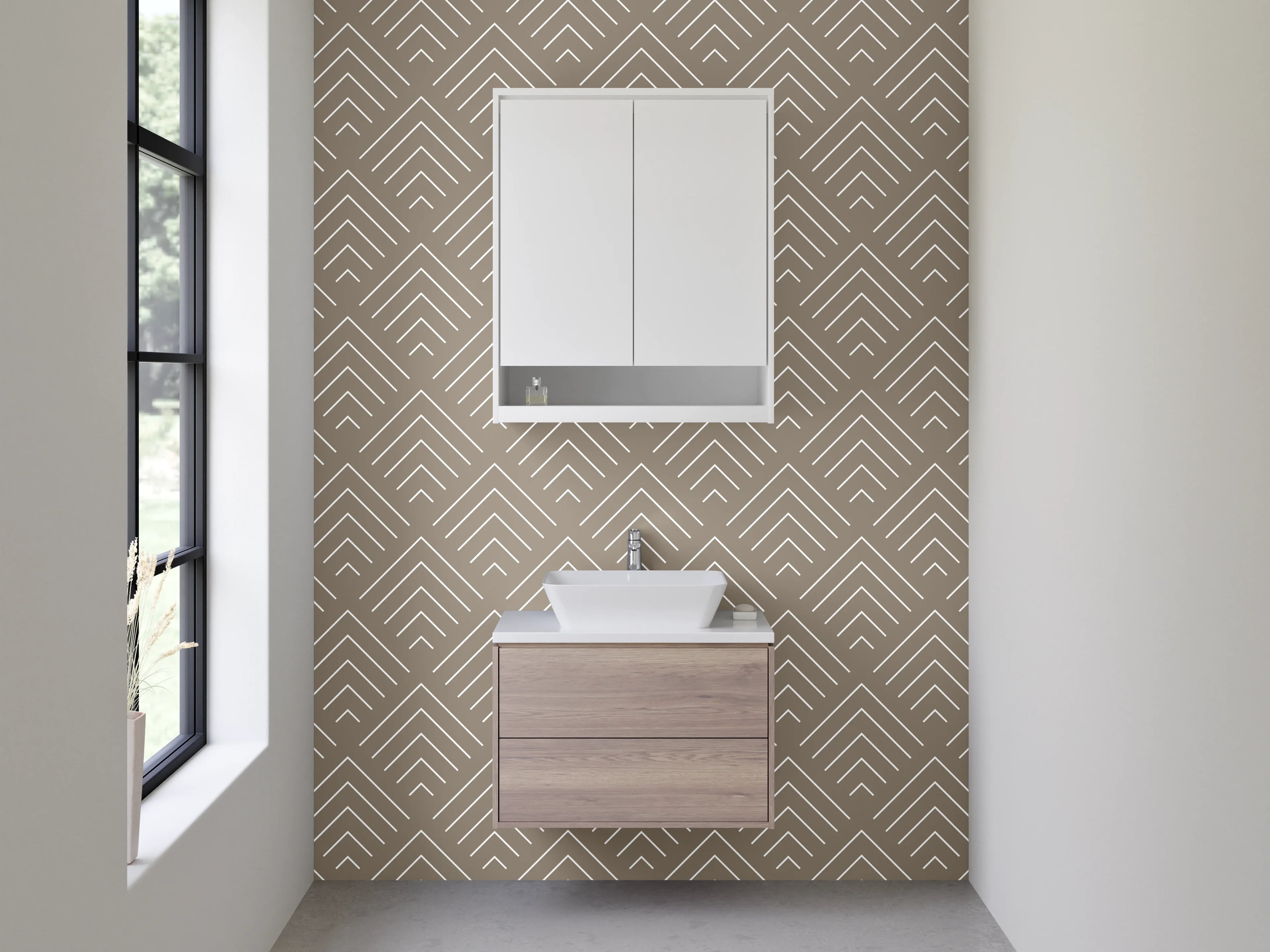 Waschbecken-Rückwand - Geometrisches Art-Déco-Muster Beige Weiß