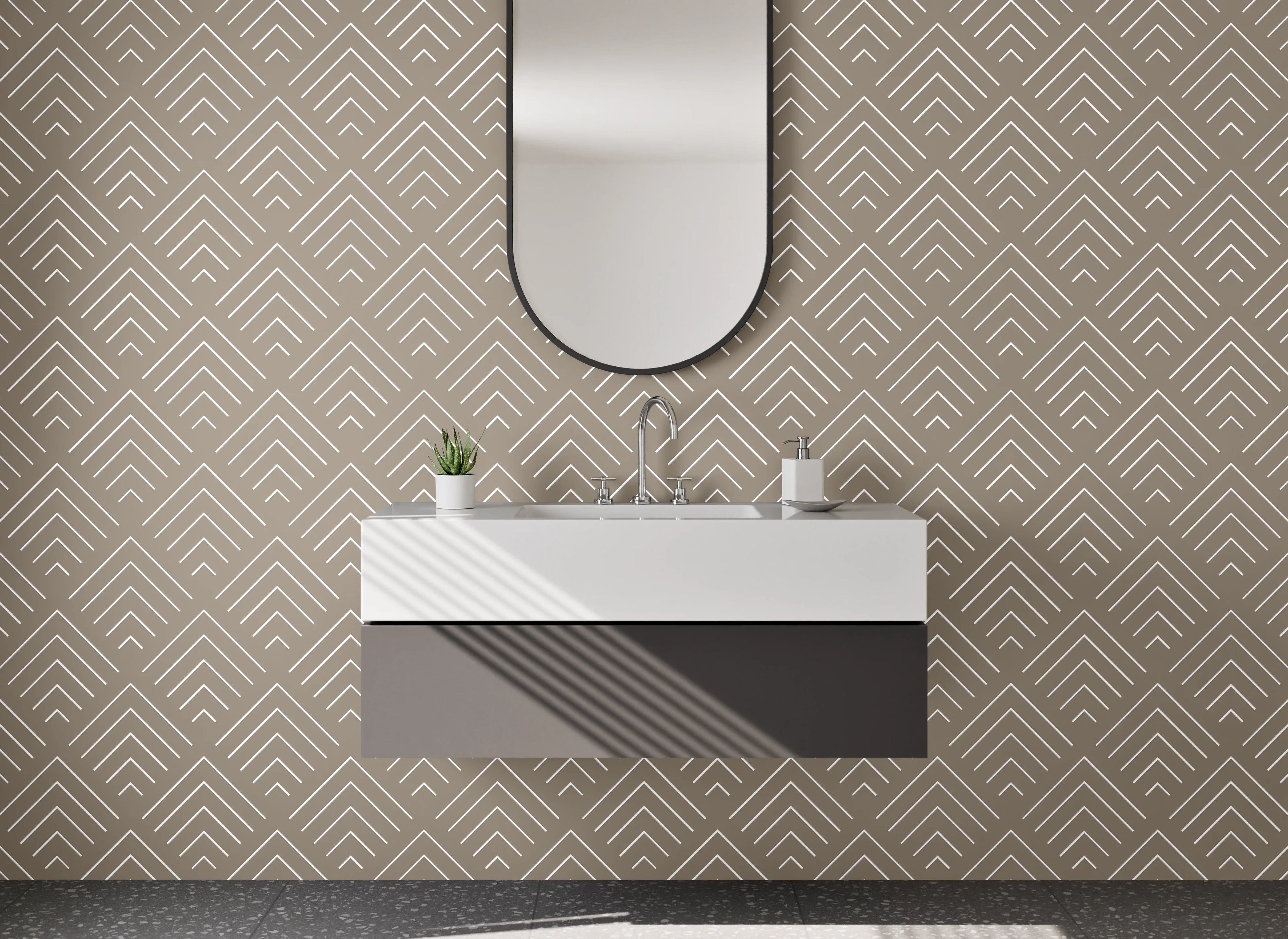 Waschbecken-Rückwand - Geometrisches Art-Déco-Muster Beige Weiß