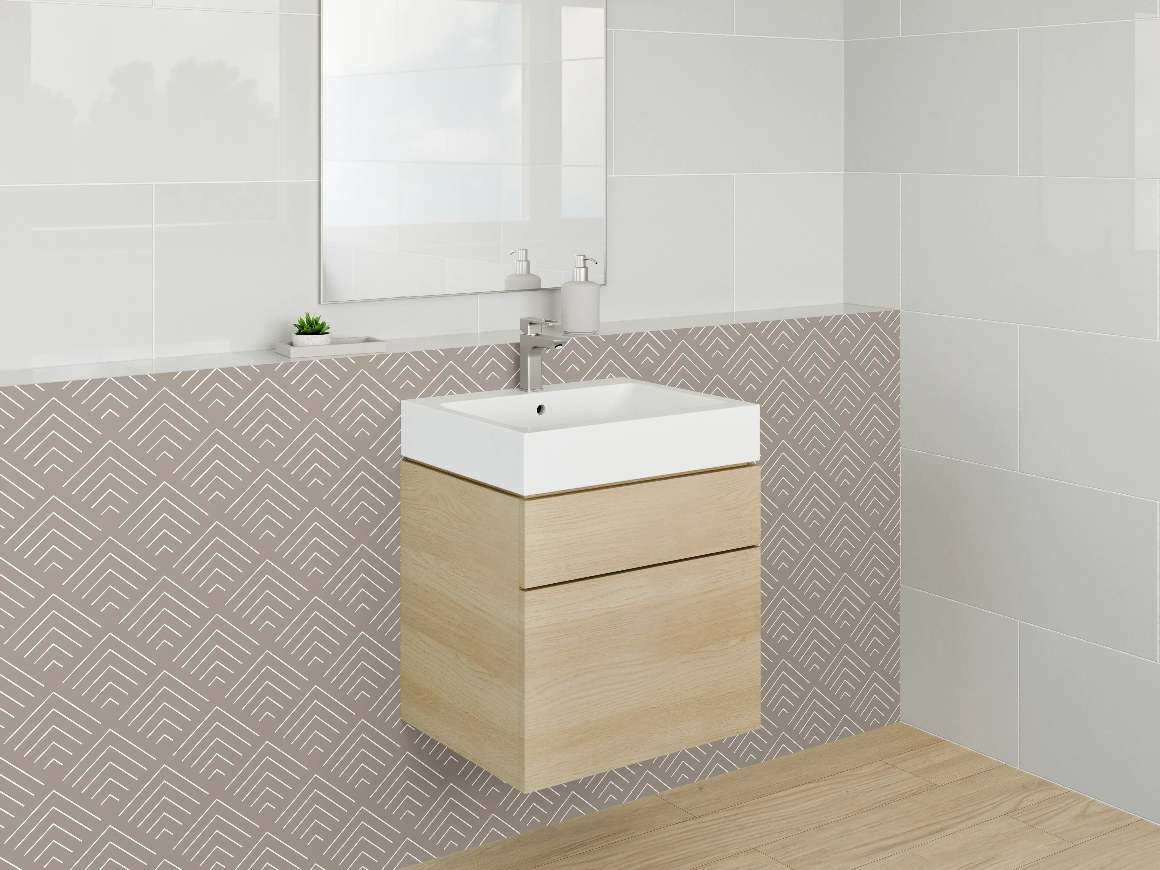 Waschbecken-Rückwand - Geometrisches Art-Déco-Muster Beige Weiß