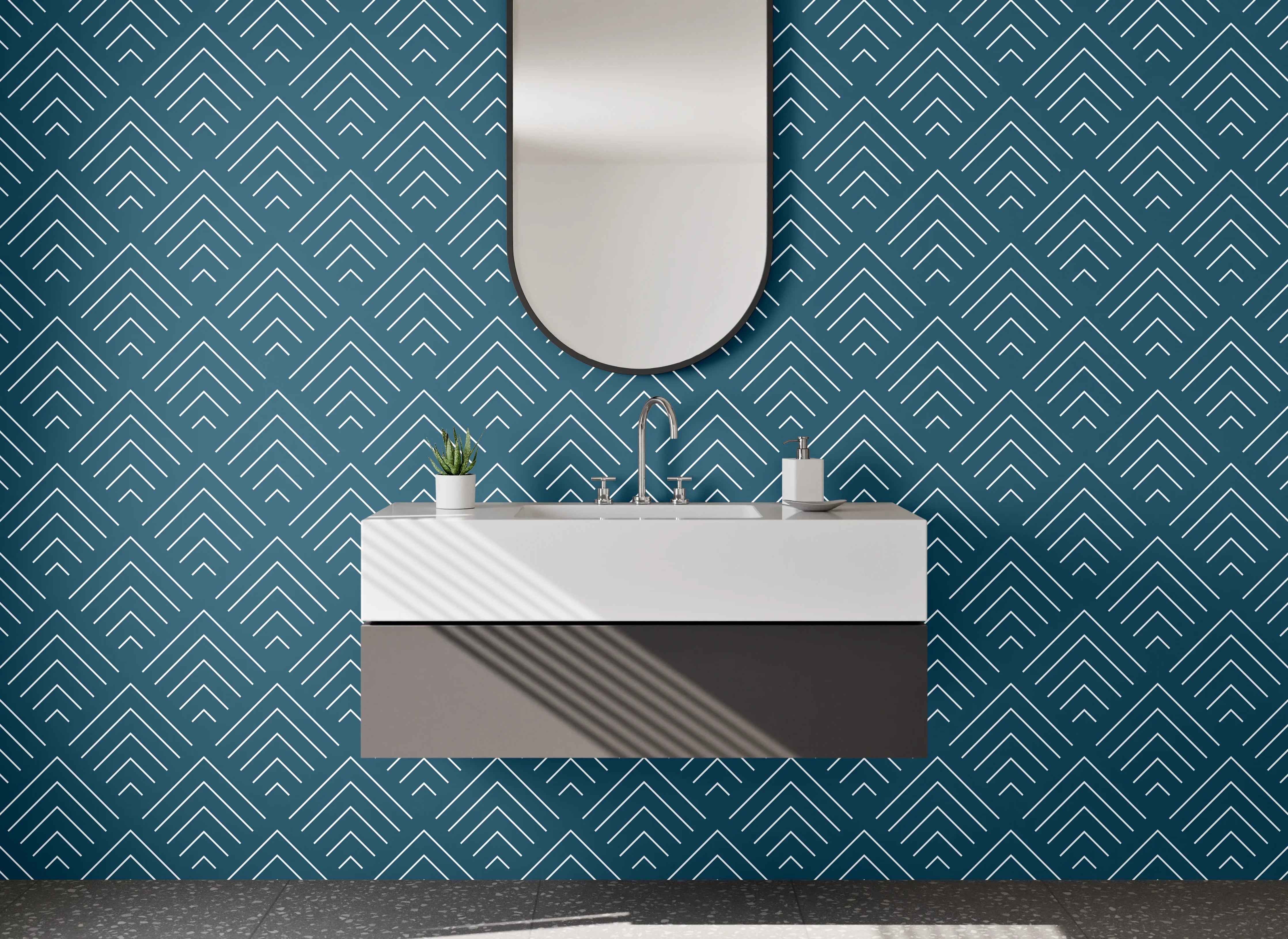 Waschbecken-Rückwand - Geometrisches Art-Déco Muster Blau Weiß