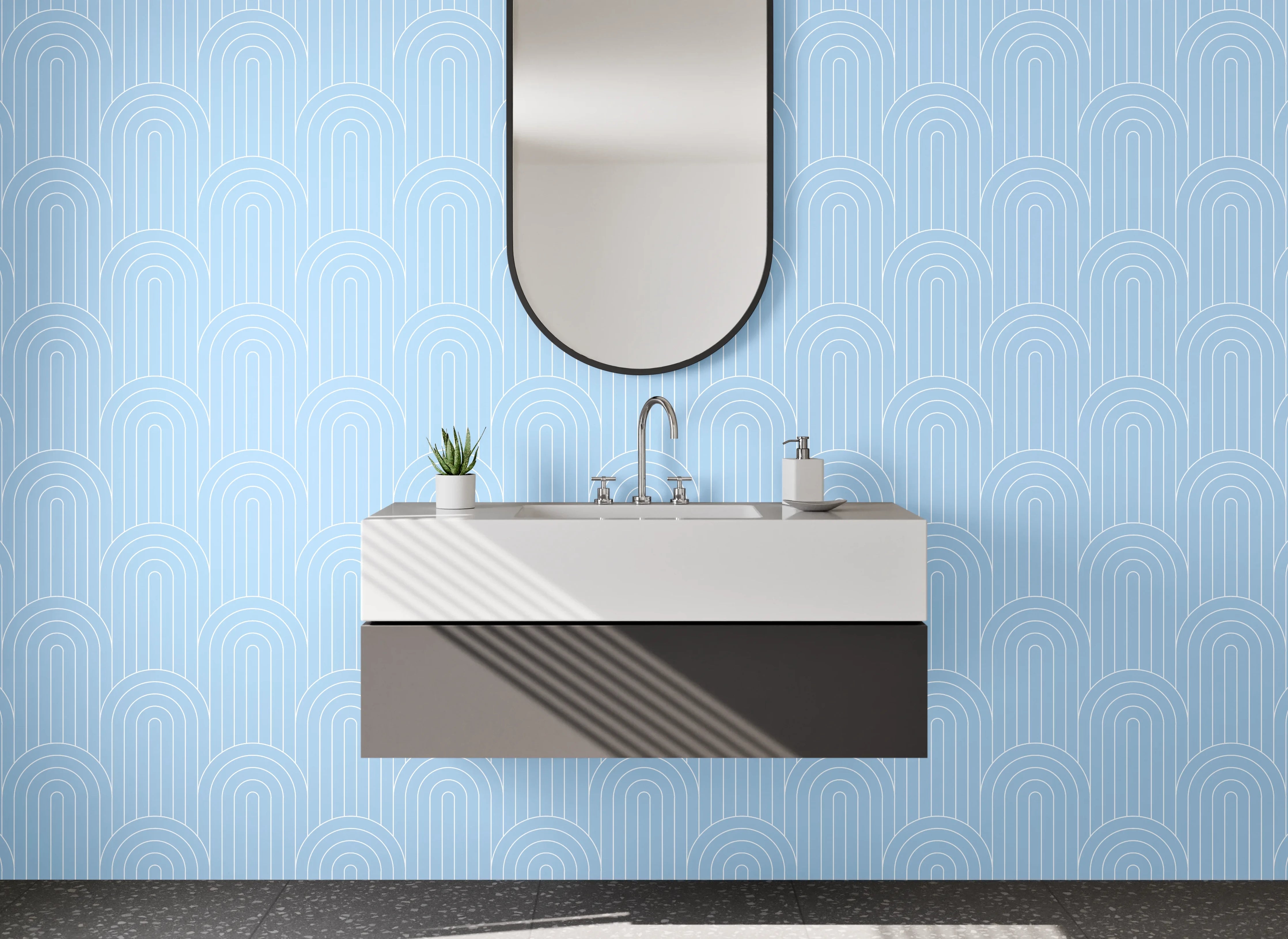 Waschbecken-Rückwand - Geometrisches Art Déco Muster Hellblau