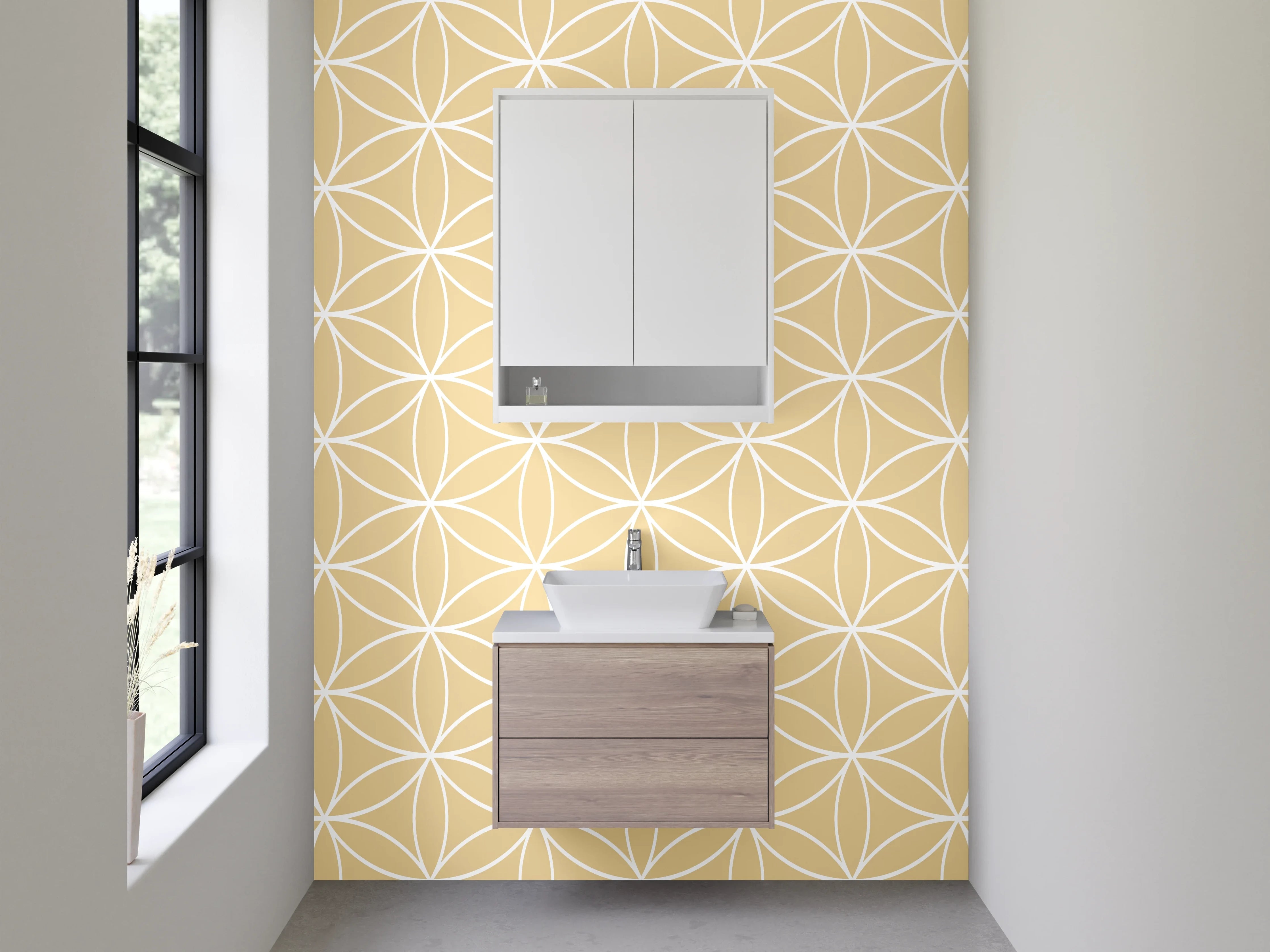 Waschbecken-Rückwand - Geometrisches Blütenmuster in Beige