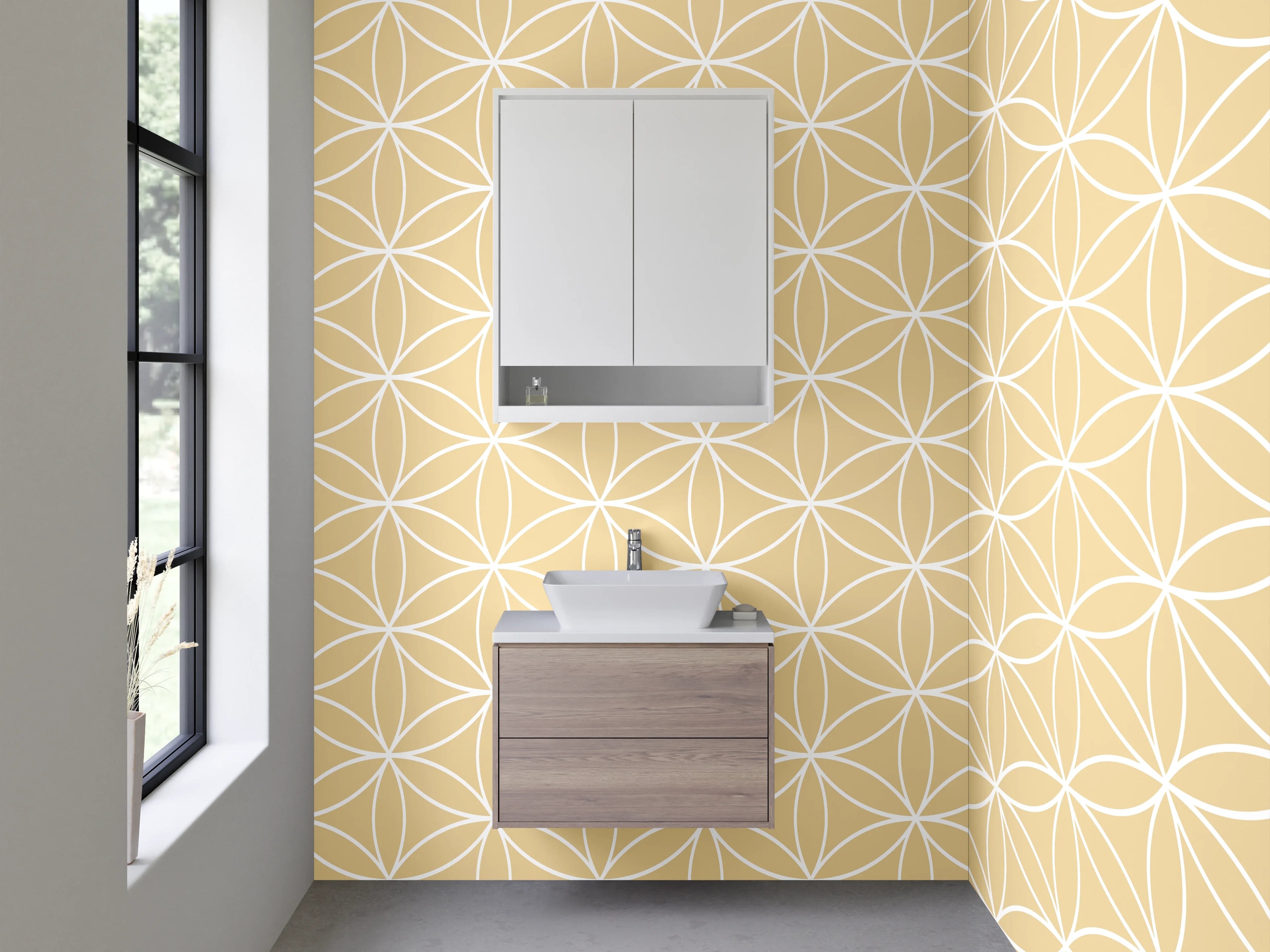 Waschbecken-Rückwand - Geometrisches Blütenmuster in Beige