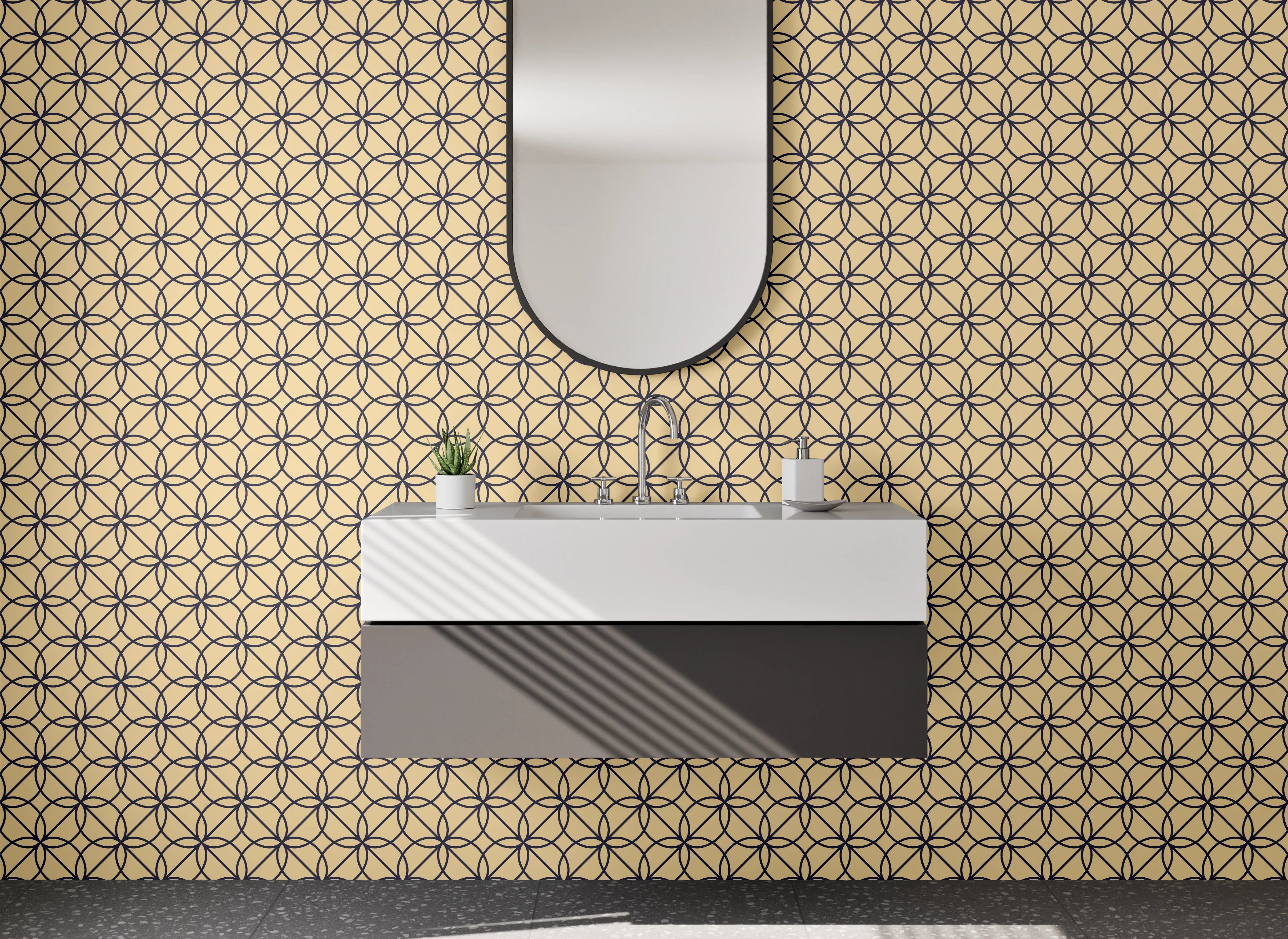 Waschbecken-Rückwand - Geometrisches Blumenmuster Beige Schwarz
