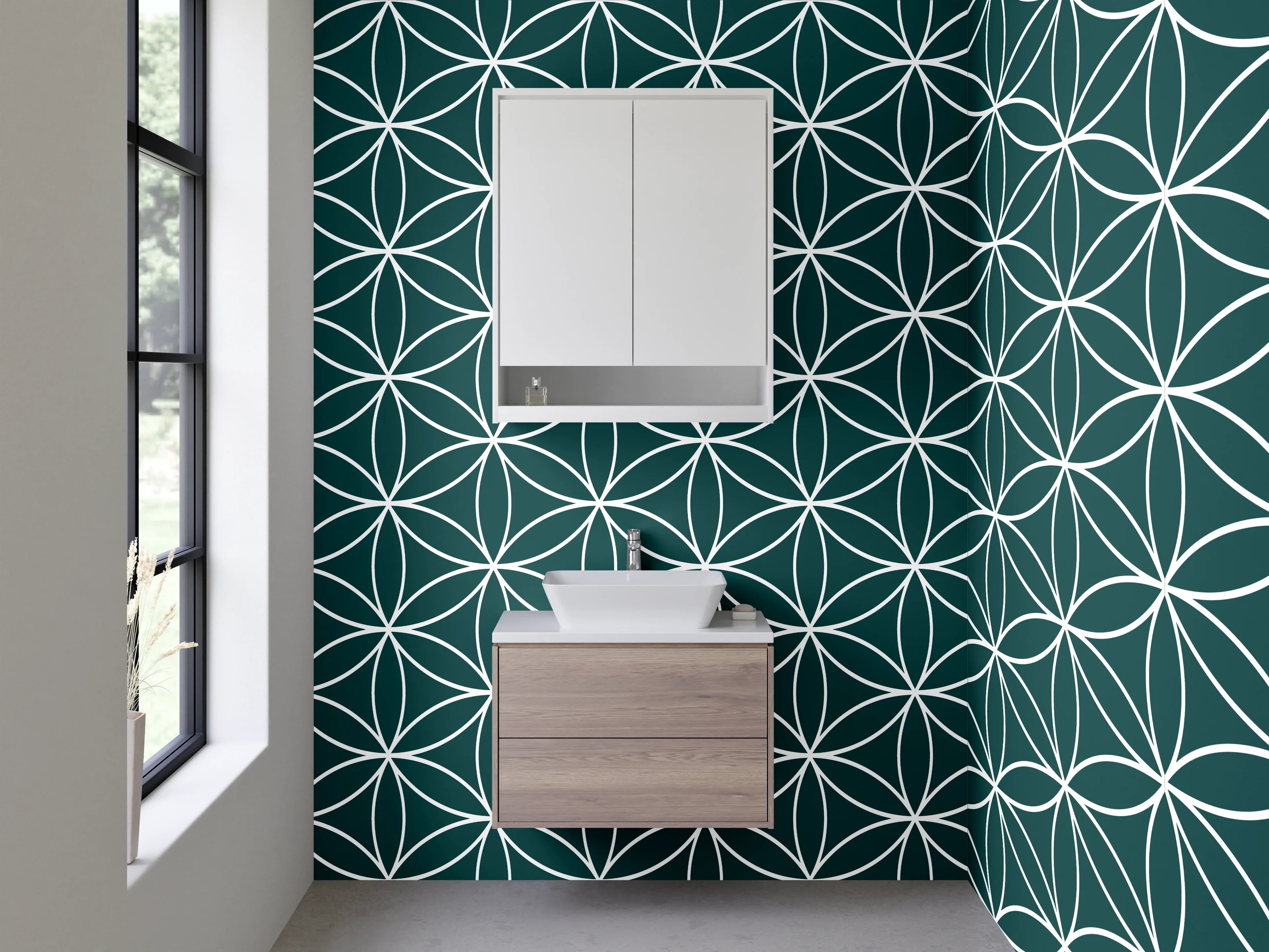 Waschbecken-Rückwand - Geometrisches Blumenmuster Retro Optik