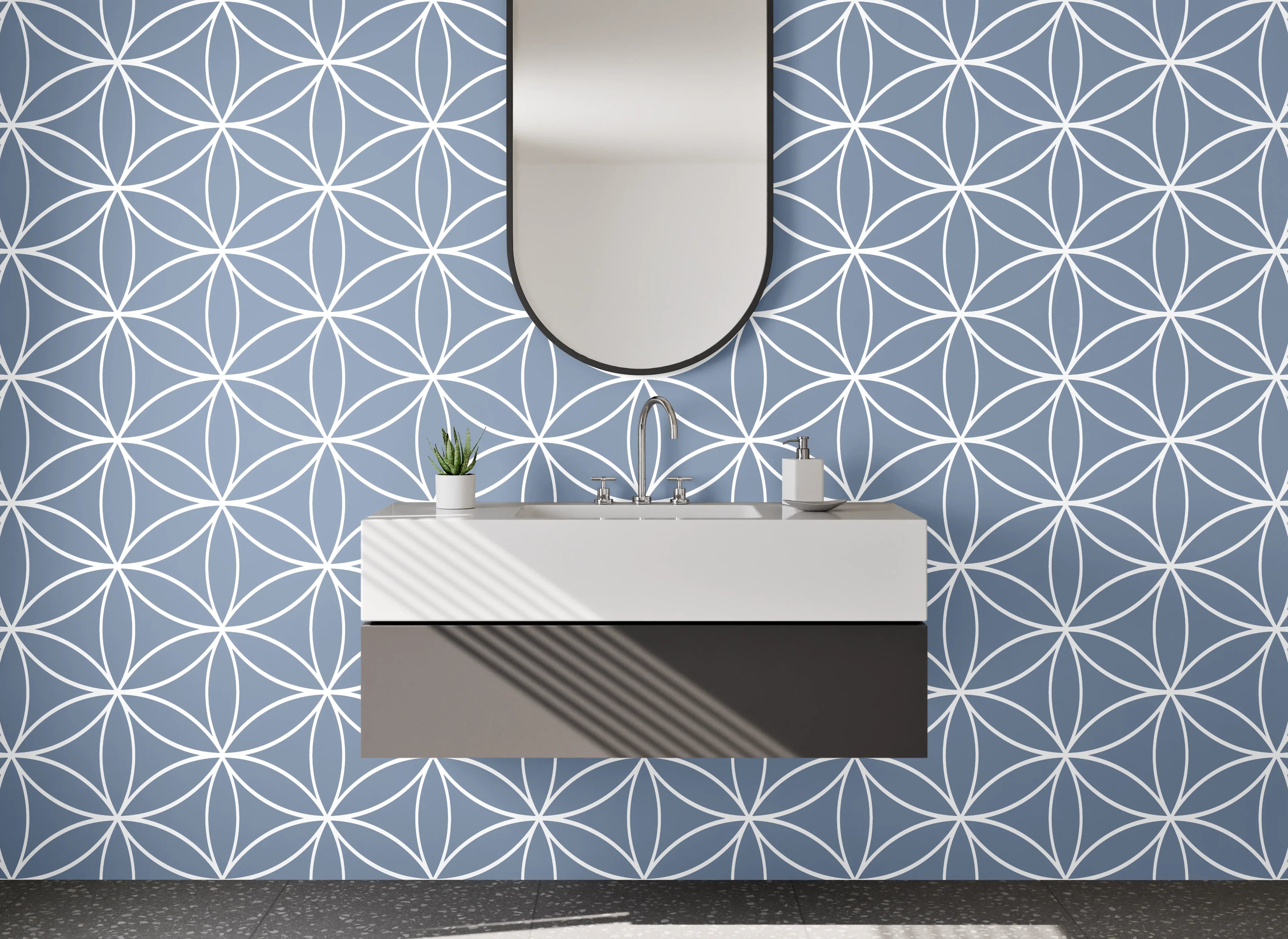 Waschbecken-Rückwand - Geometrisches Blumenmuster auf Blau