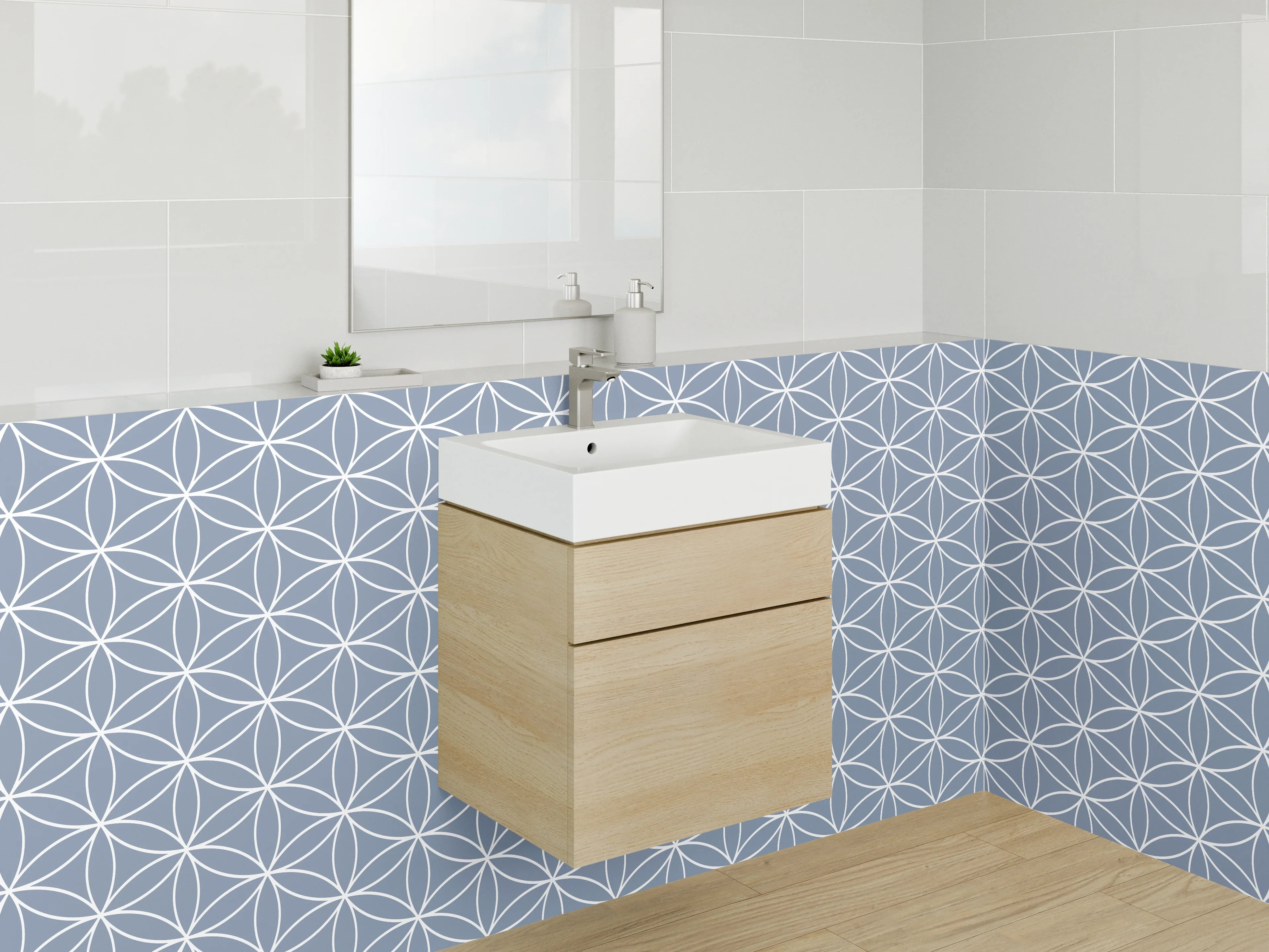 Waschbecken-Rückwand - Geometrisches Blumenmuster auf Blau