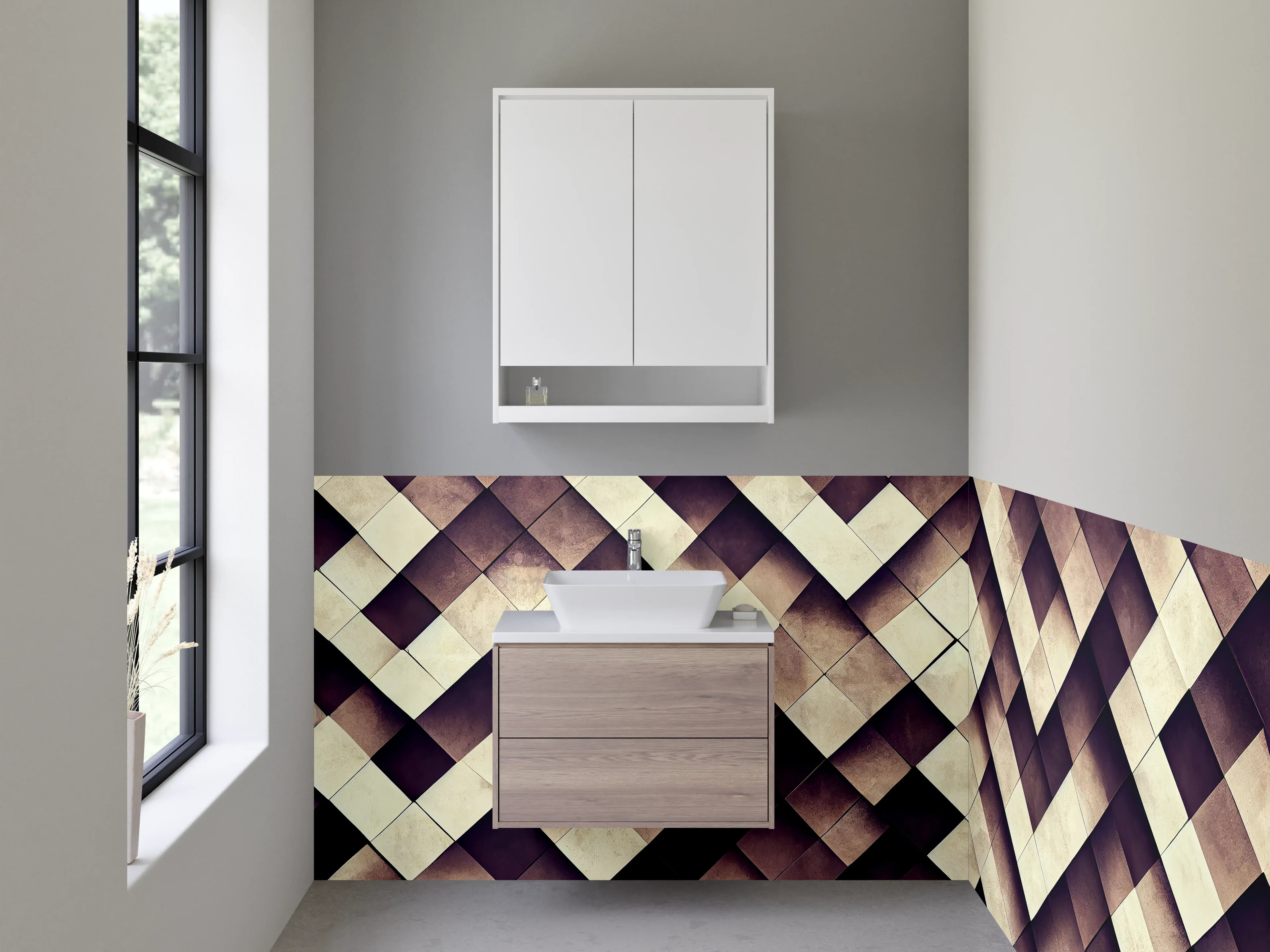 Waschbecken-Rückwand - Geometrisches Fliesenmuster Beige Braun