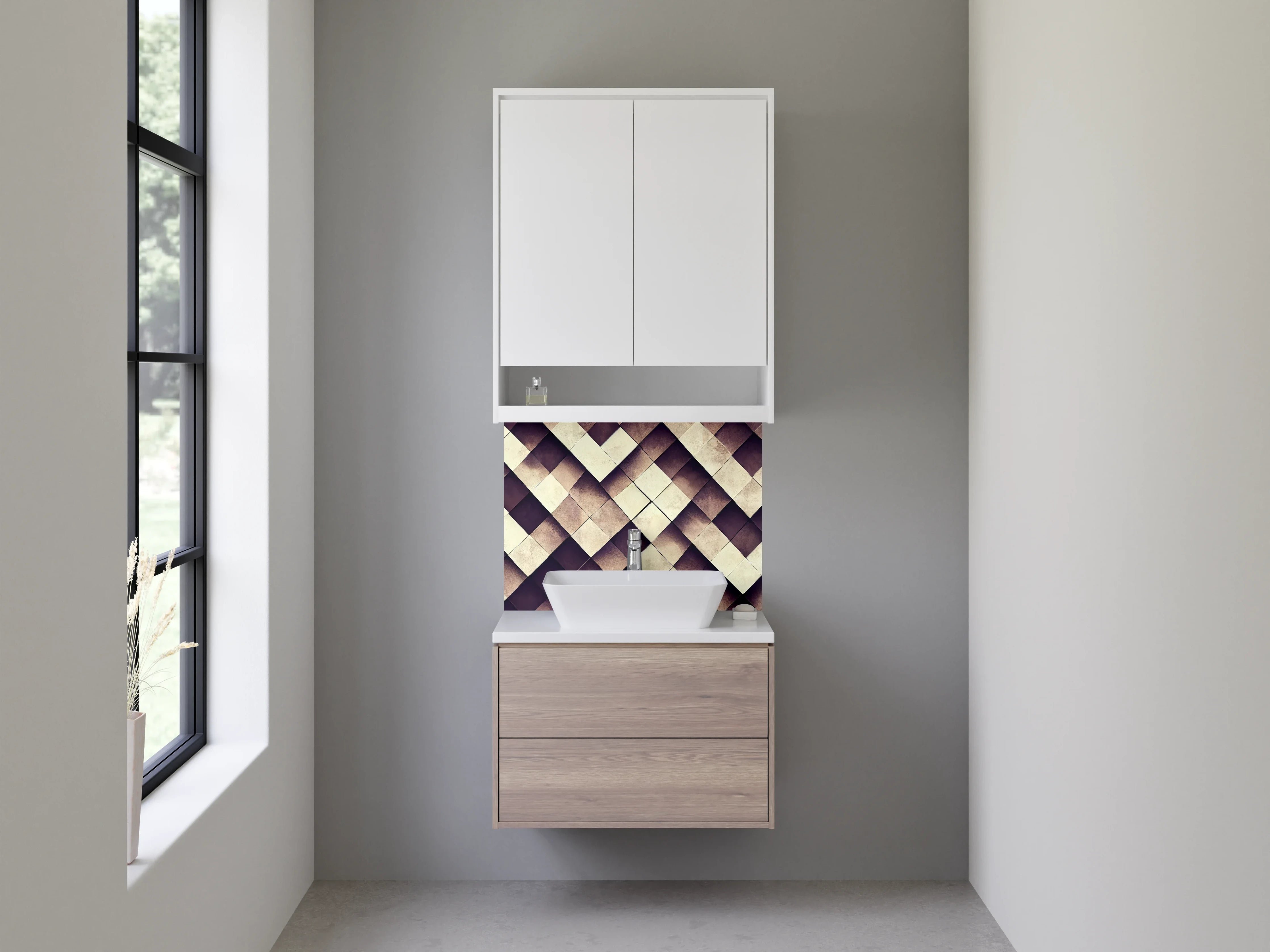 Waschbecken-Rückwand - Geometrisches Fliesenmuster Beige Braun