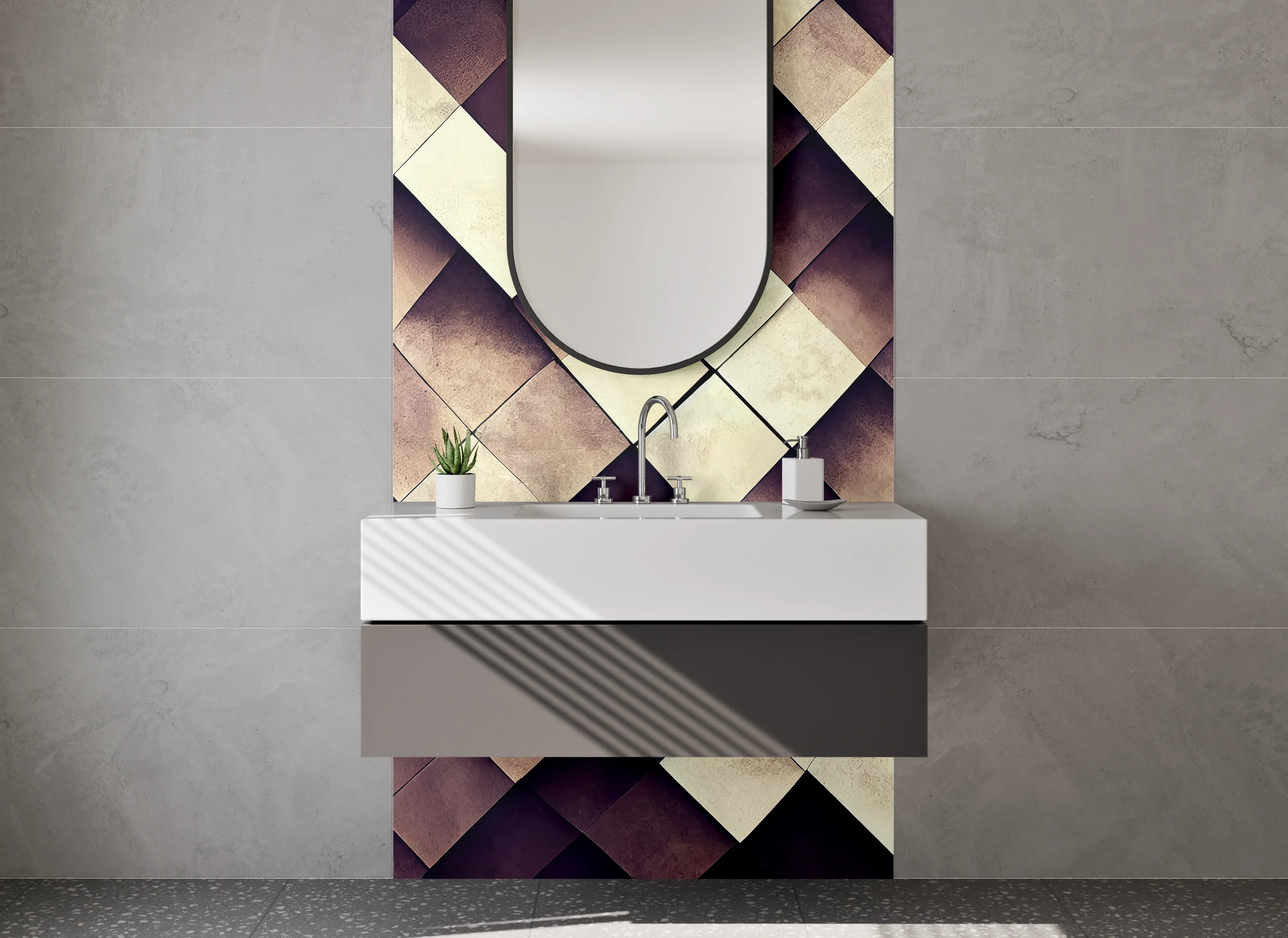 Waschbecken-Rückwand - Geometrisches Fliesenmuster Beige Braun