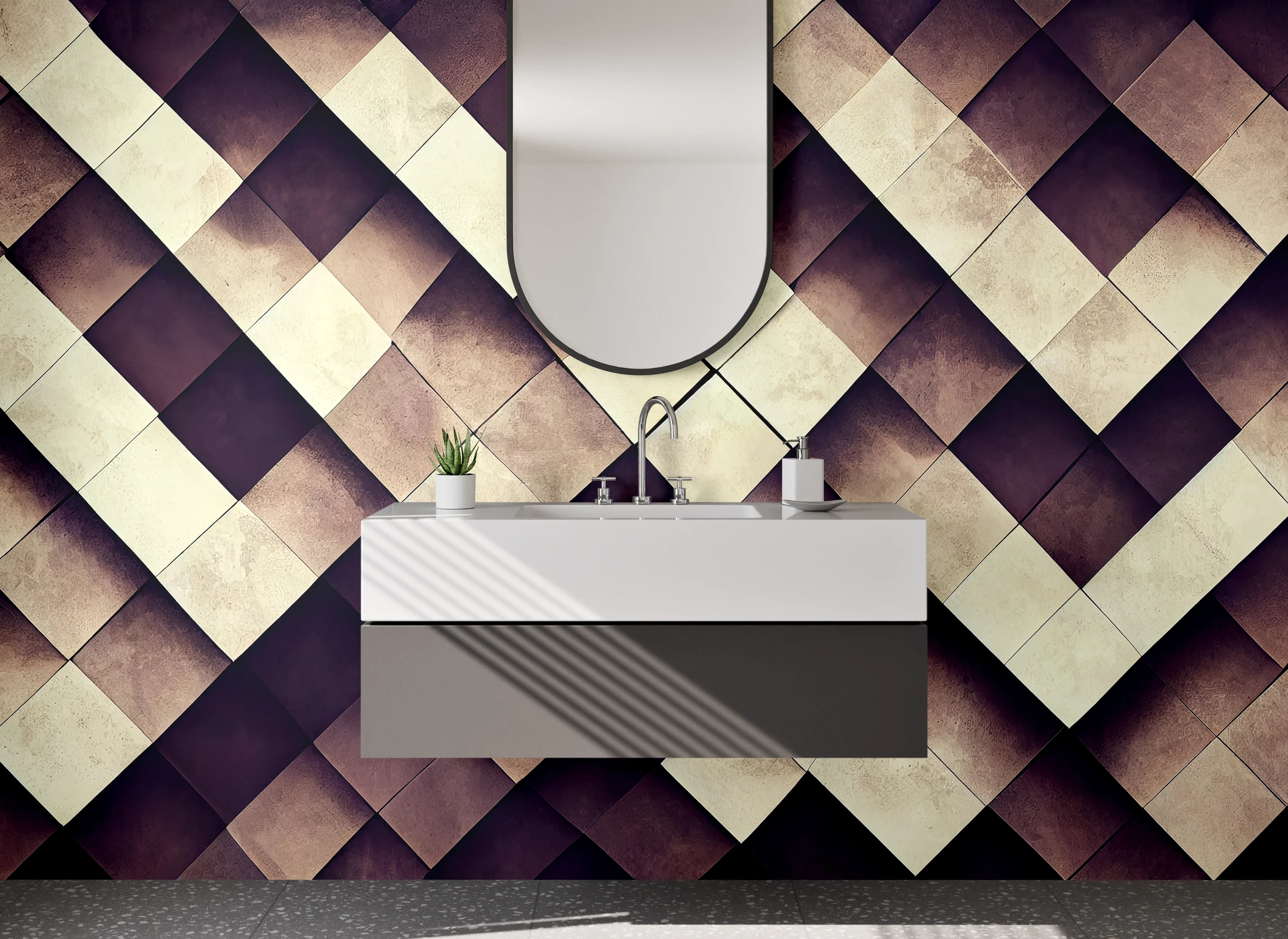 Waschbecken-Rückwand - Geometrisches Fliesenmuster Beige Braun