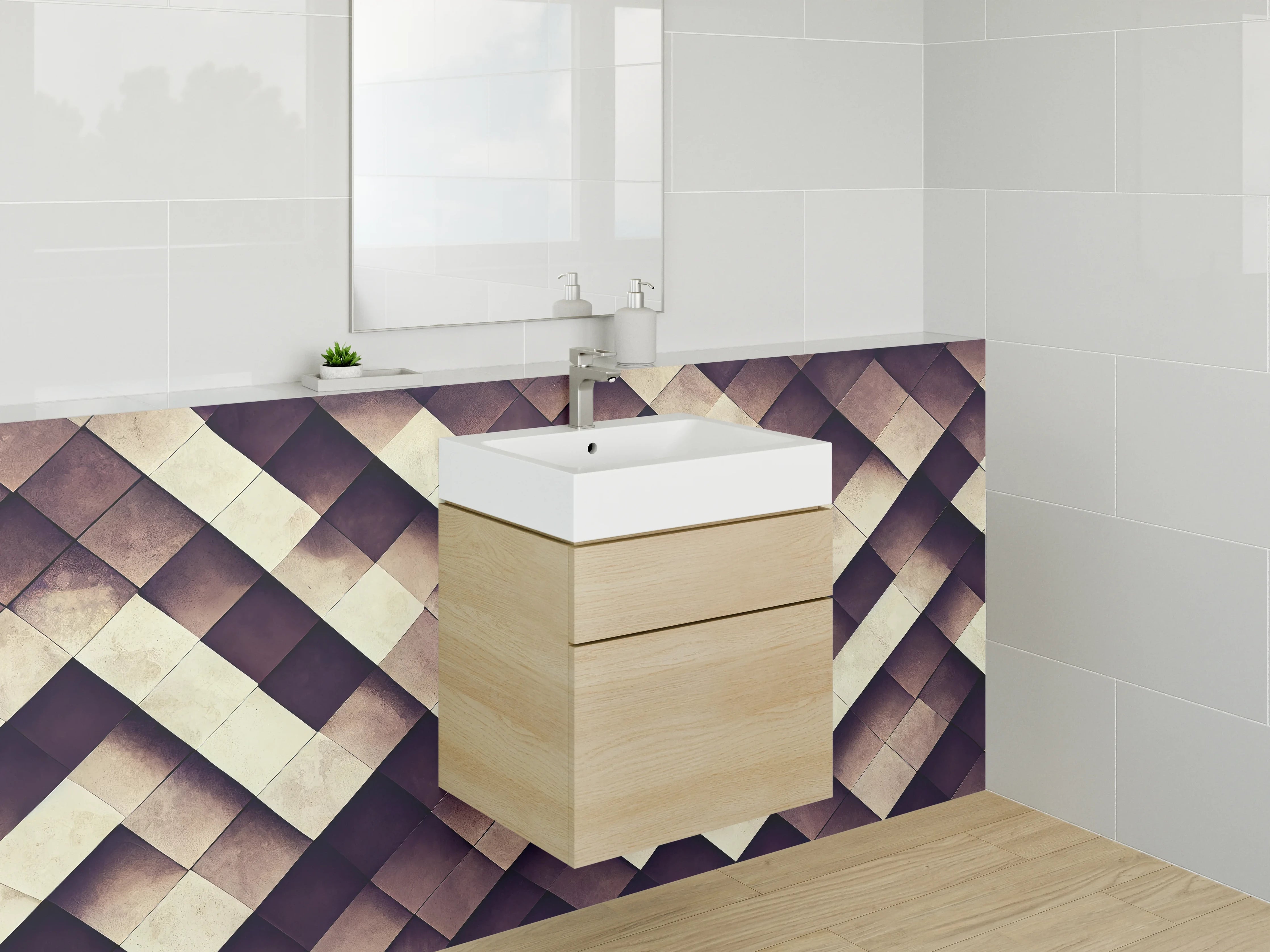 Waschbecken-Rückwand - Geometrisches Fliesenmuster Beige Braun