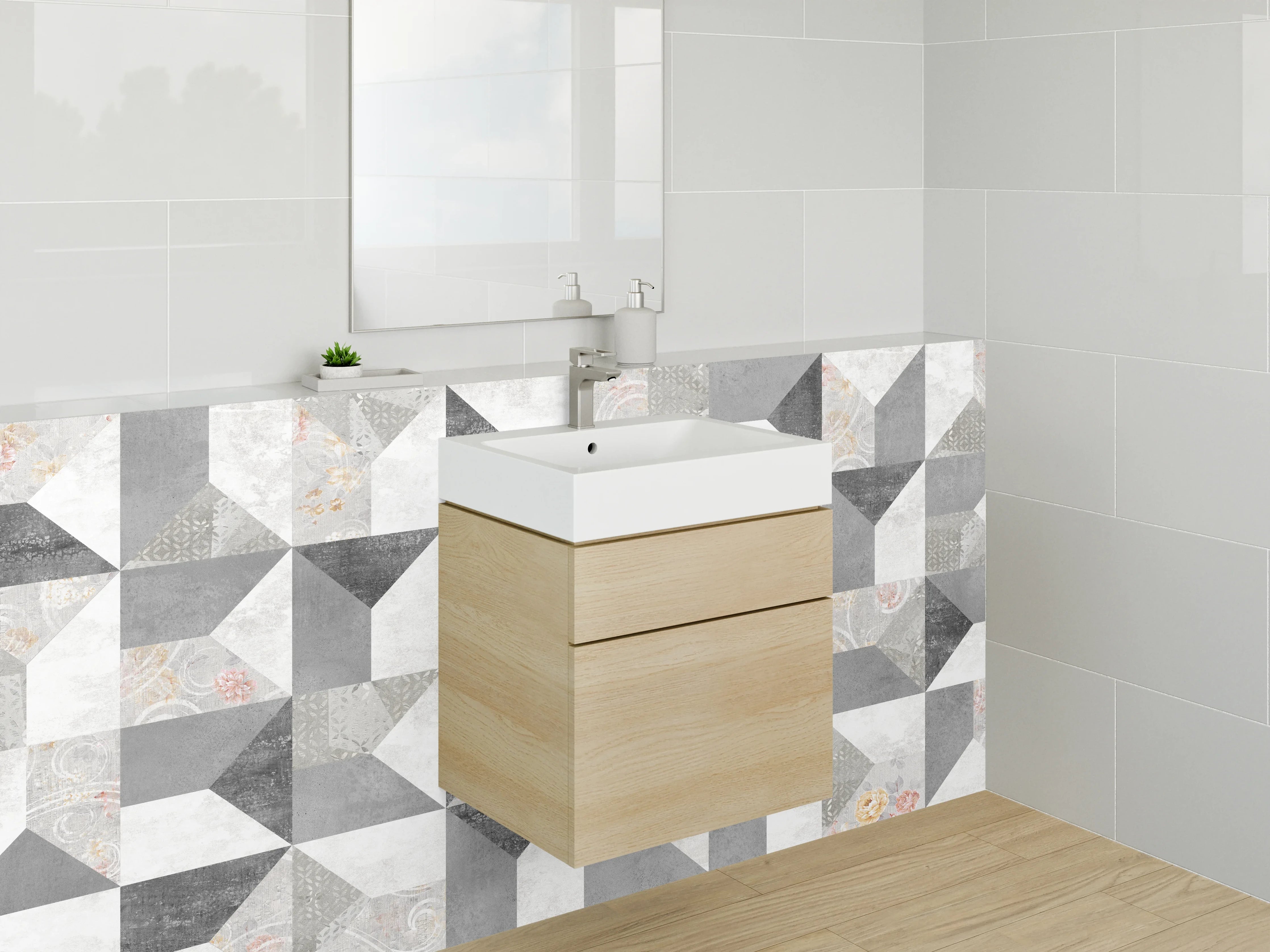 Waschbecken-Rückwand - Geometrisches Fliesenmuster Weiß Grau Vintage