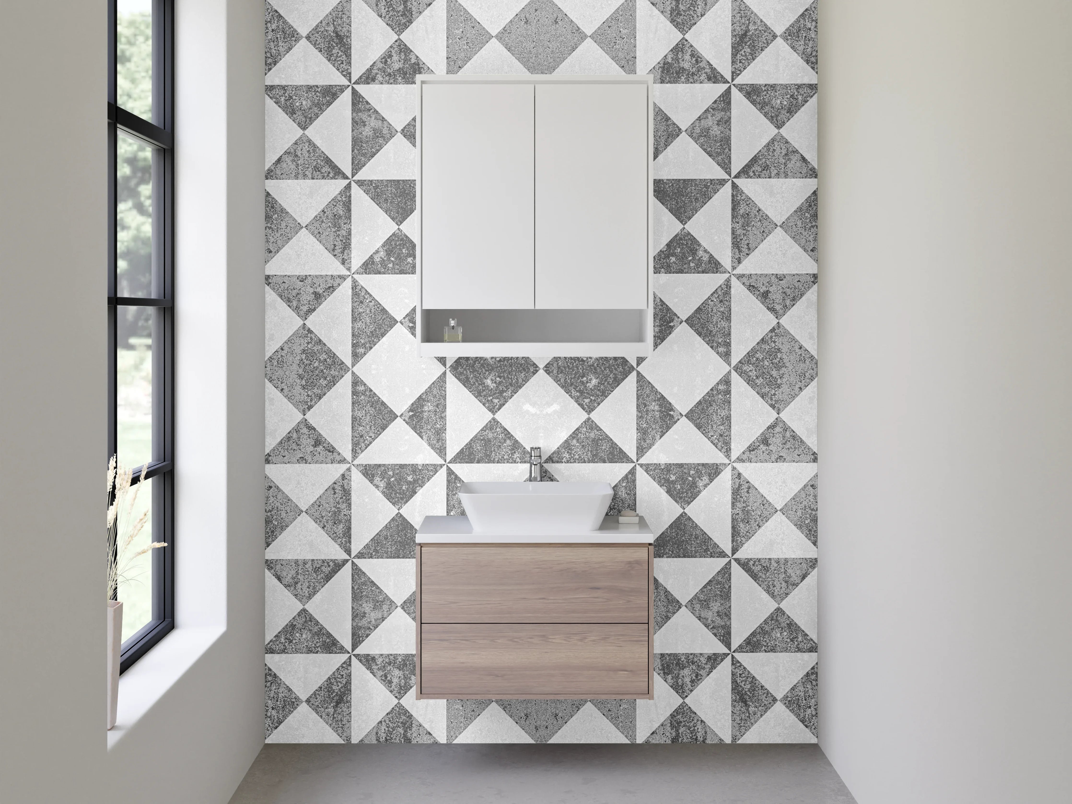 Waschbecken-Rückwand - Geometrisches Fliesenmuster in Schwarz-Weiß