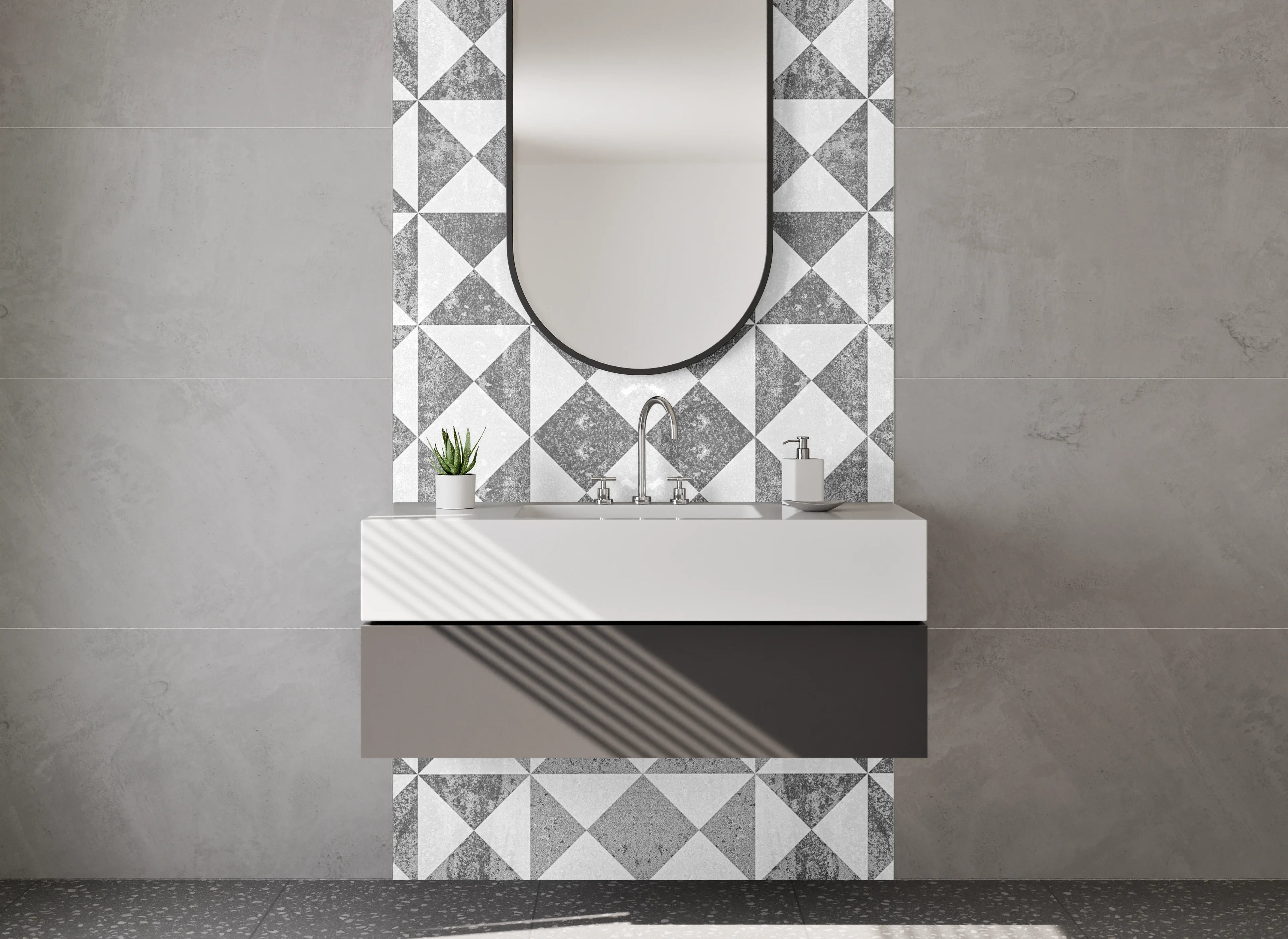 Waschbecken-Rückwand - Geometrisches Fliesenmuster in Schwarz-Weiß