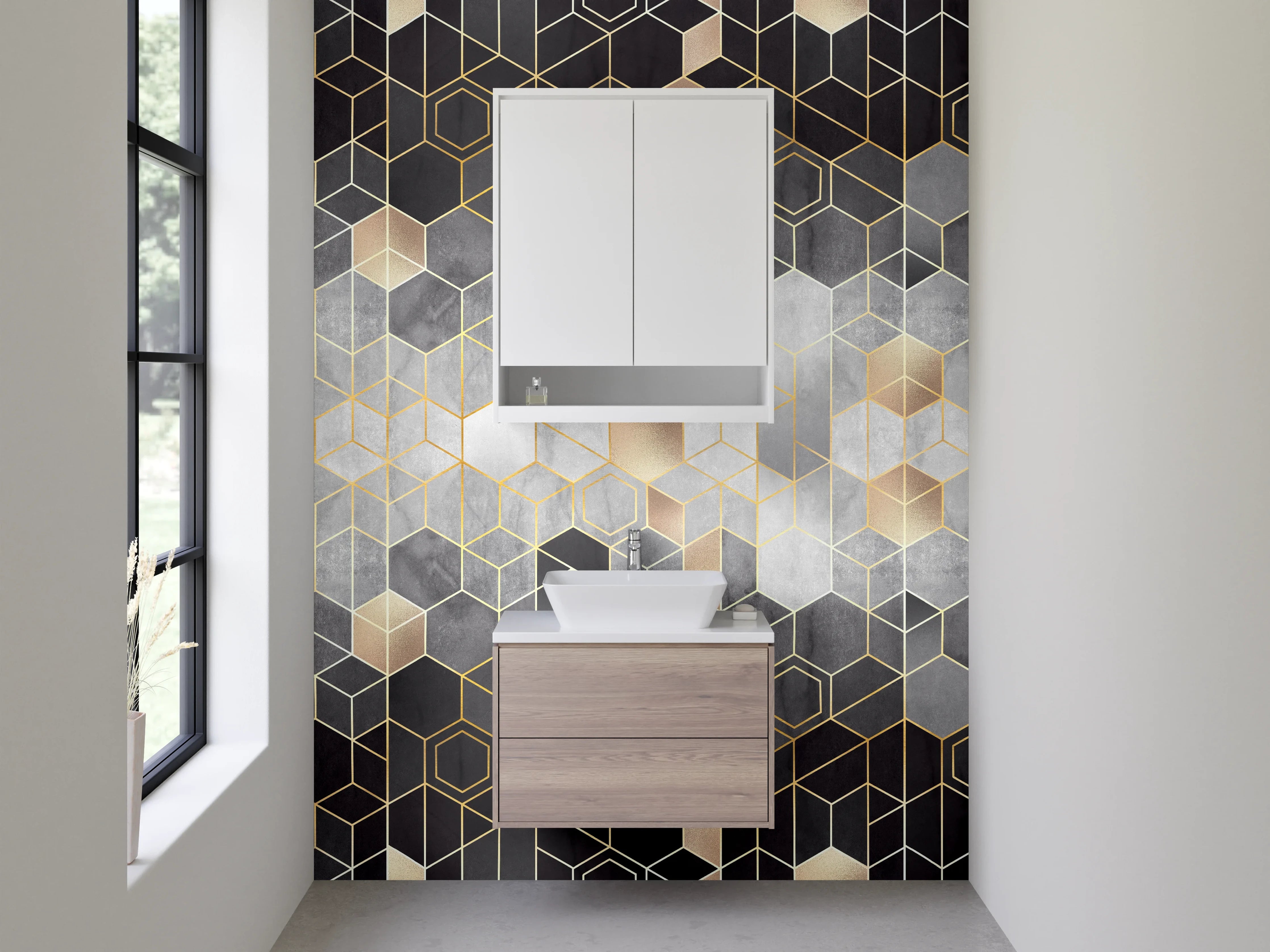 Waschbecken-Rückwand - Geometrisches Gold Design Fliesen Optik