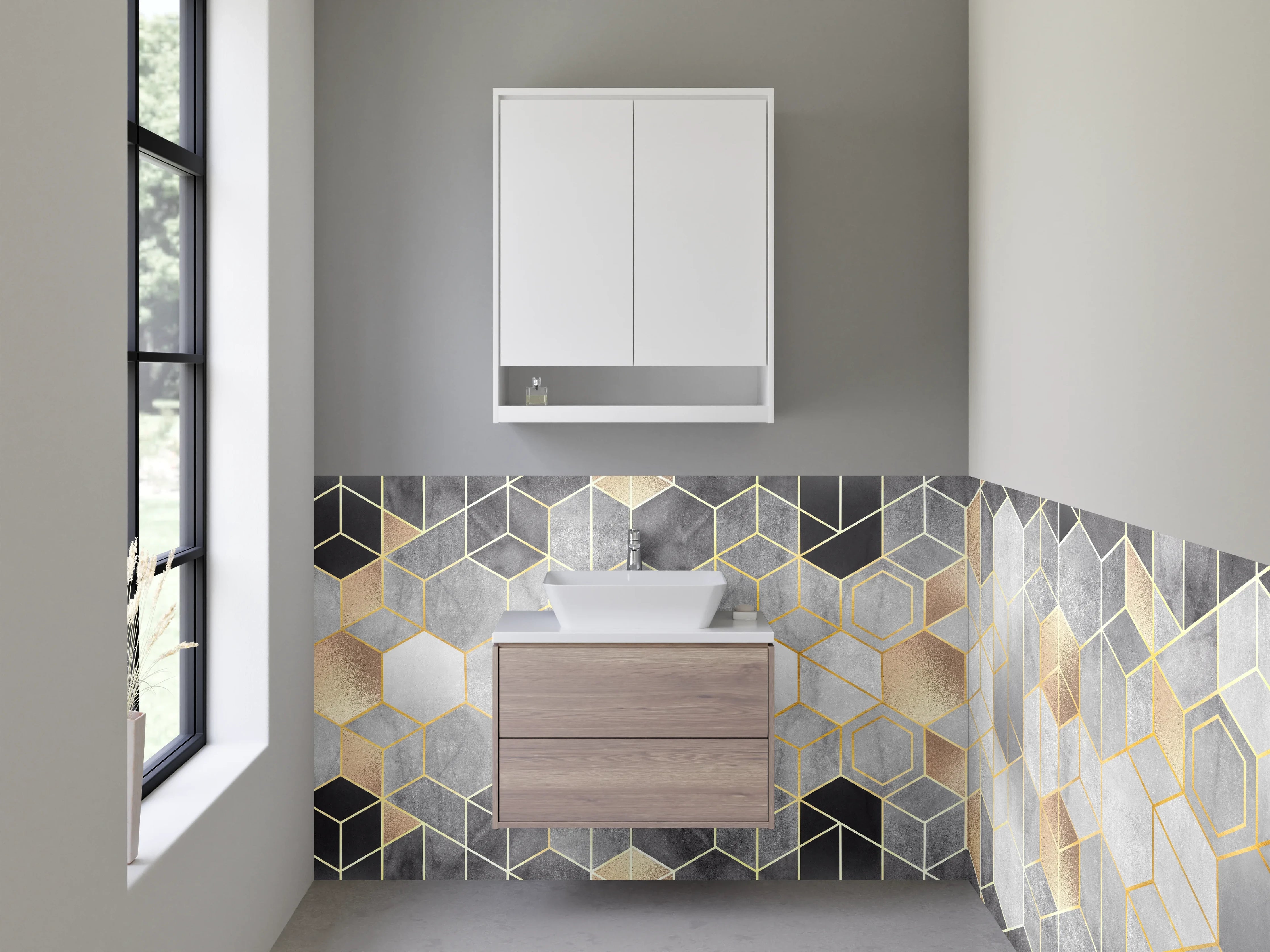 Waschbecken-Rückwand - Geometrisches Gold Design Fliesen Optik