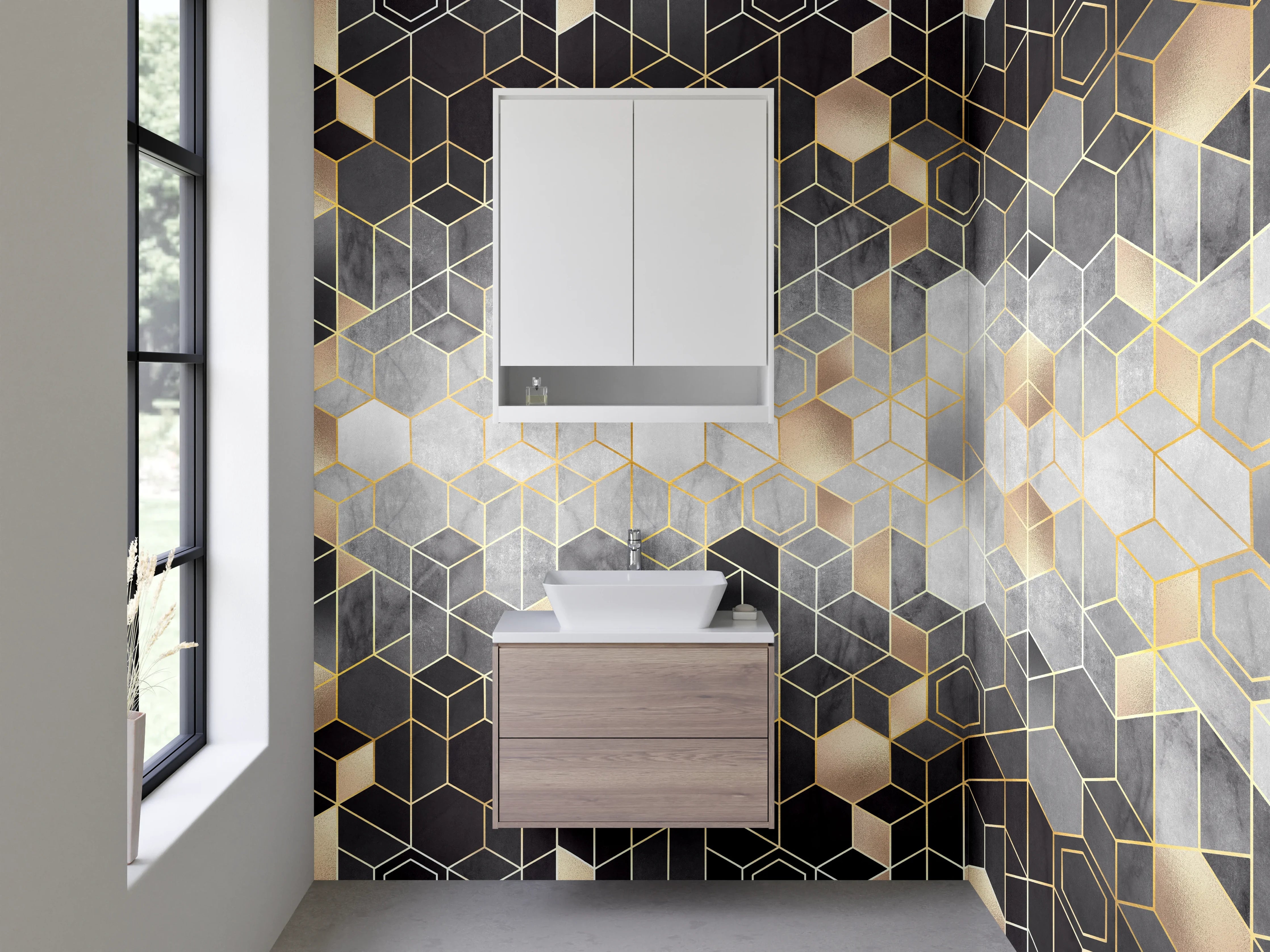 Waschbecken-Rückwand - Geometrisches Gold Design Fliesen Optik