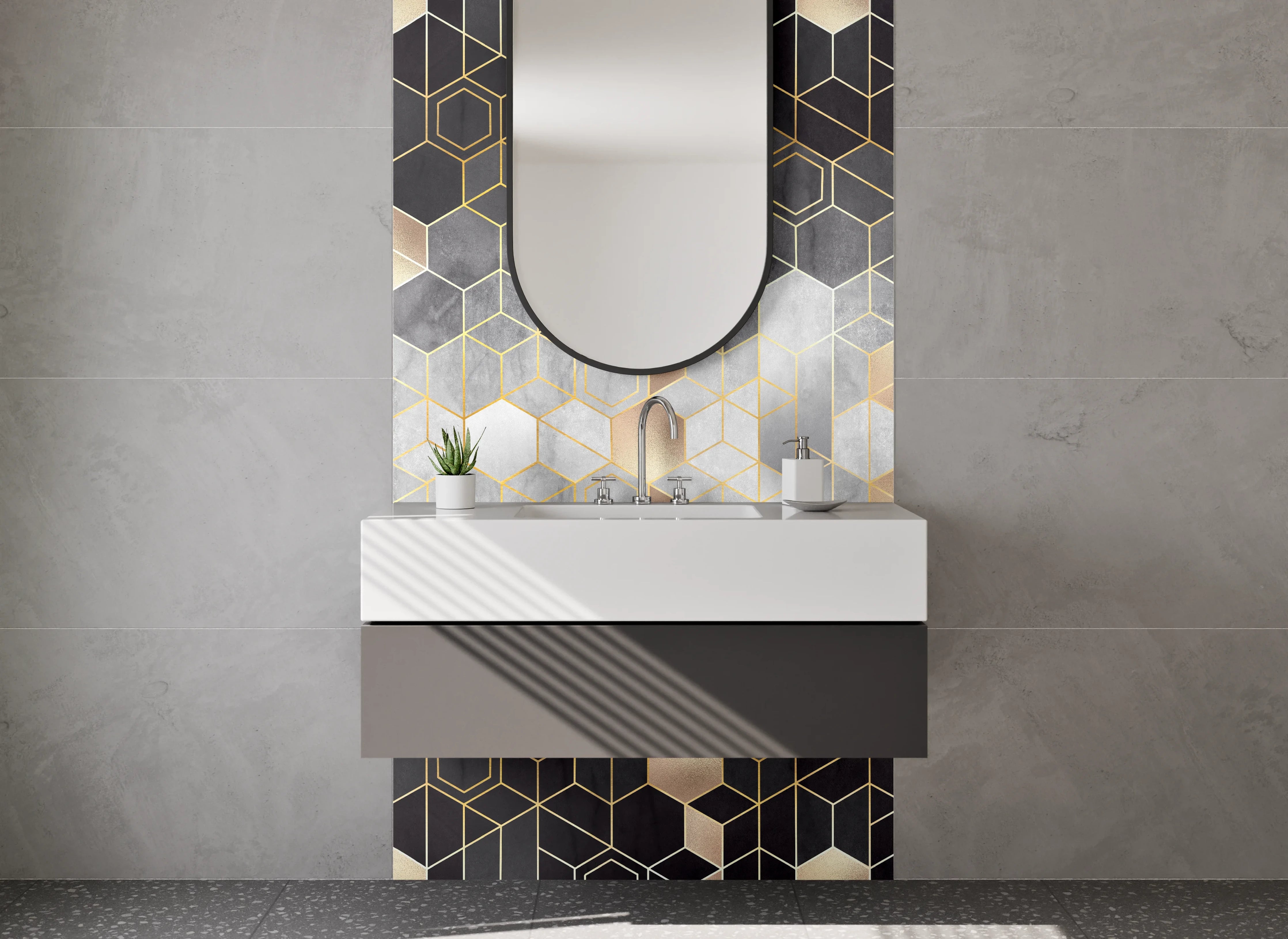 Waschbecken-Rückwand - Geometrisches Gold Design Fliesen Optik