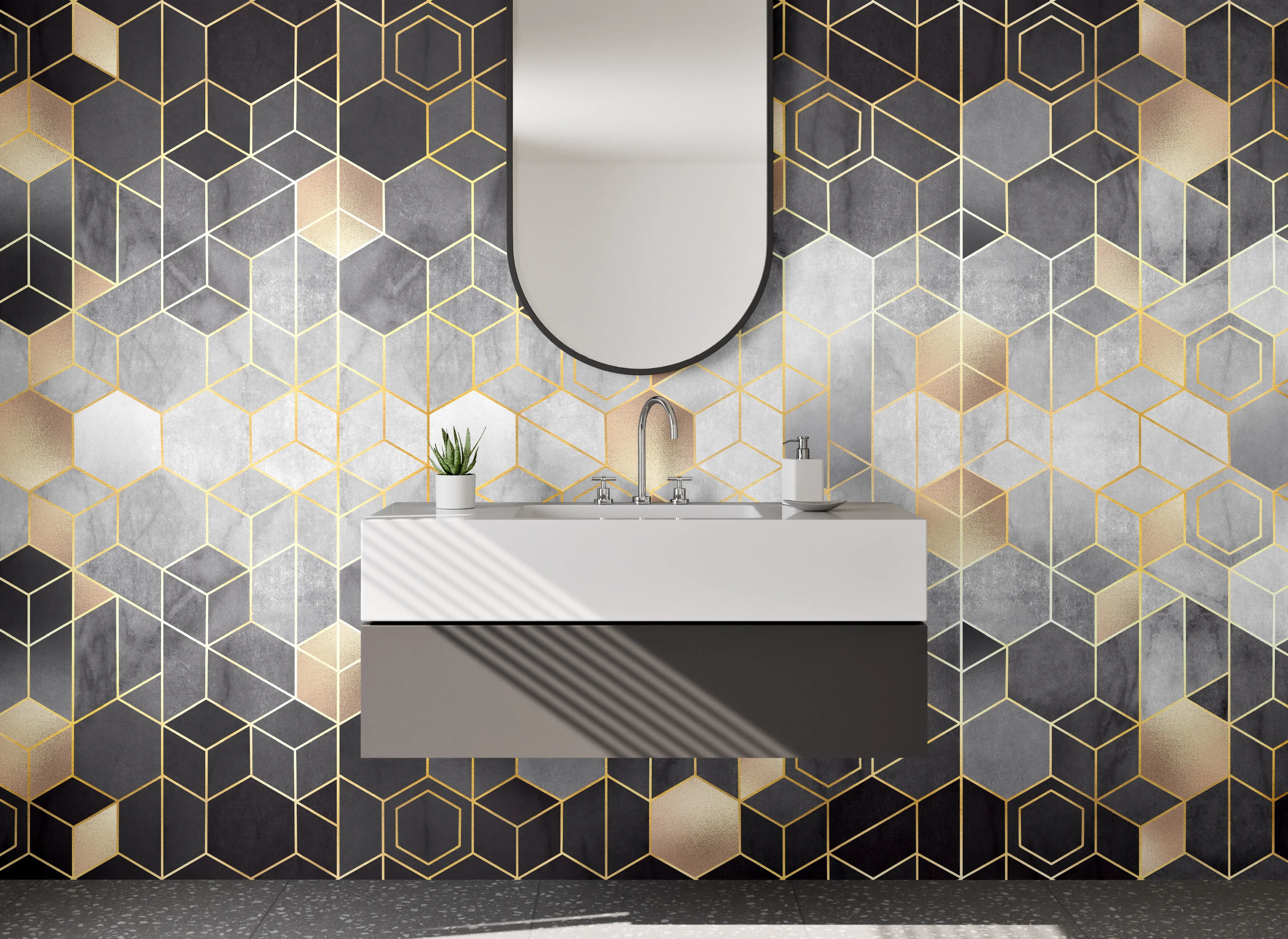 Waschbecken-Rückwand - Geometrisches Gold Design Fliesen Optik