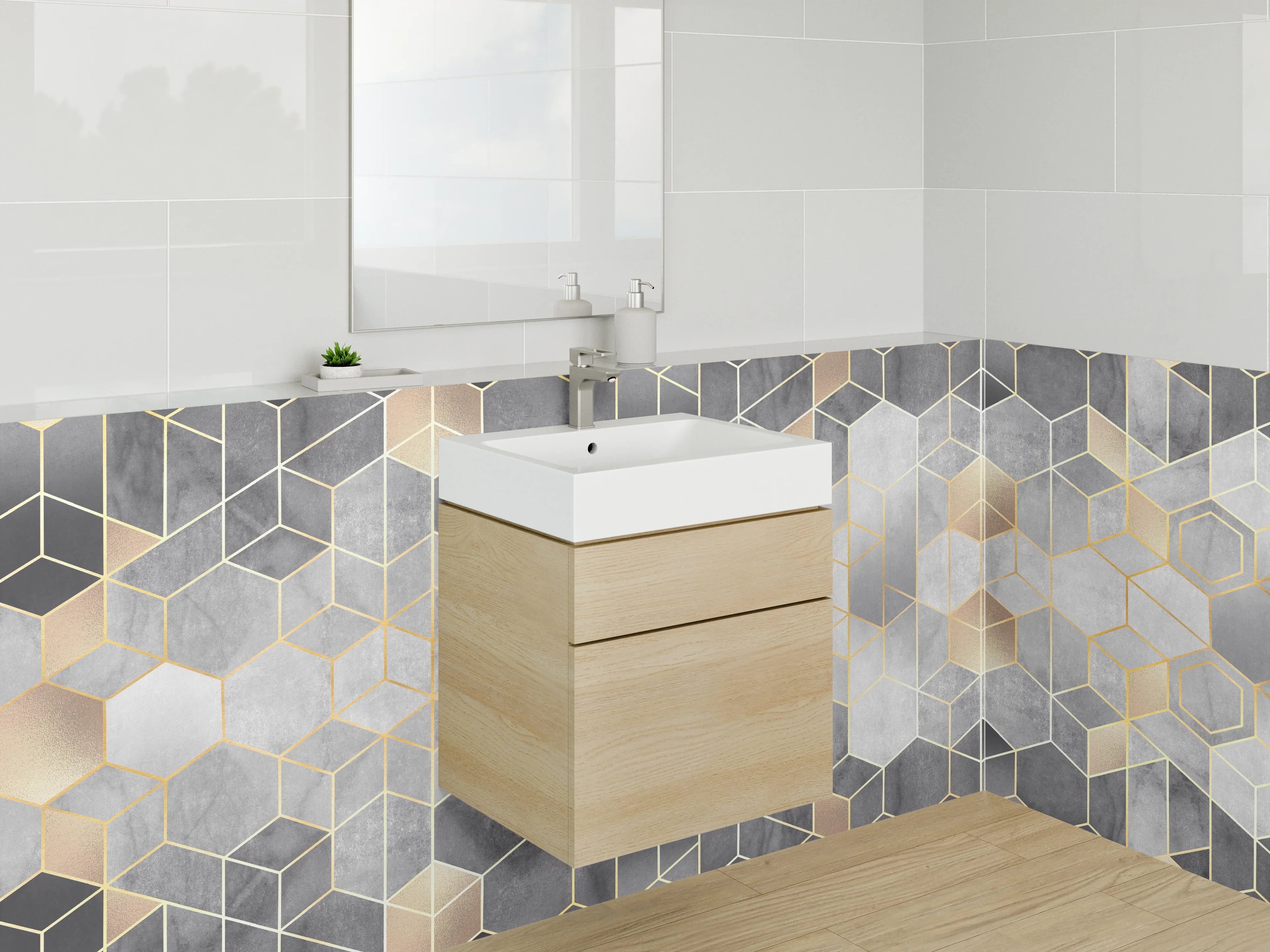 Waschbecken-Rückwand - Geometrisches Gold Design Fliesen Optik
