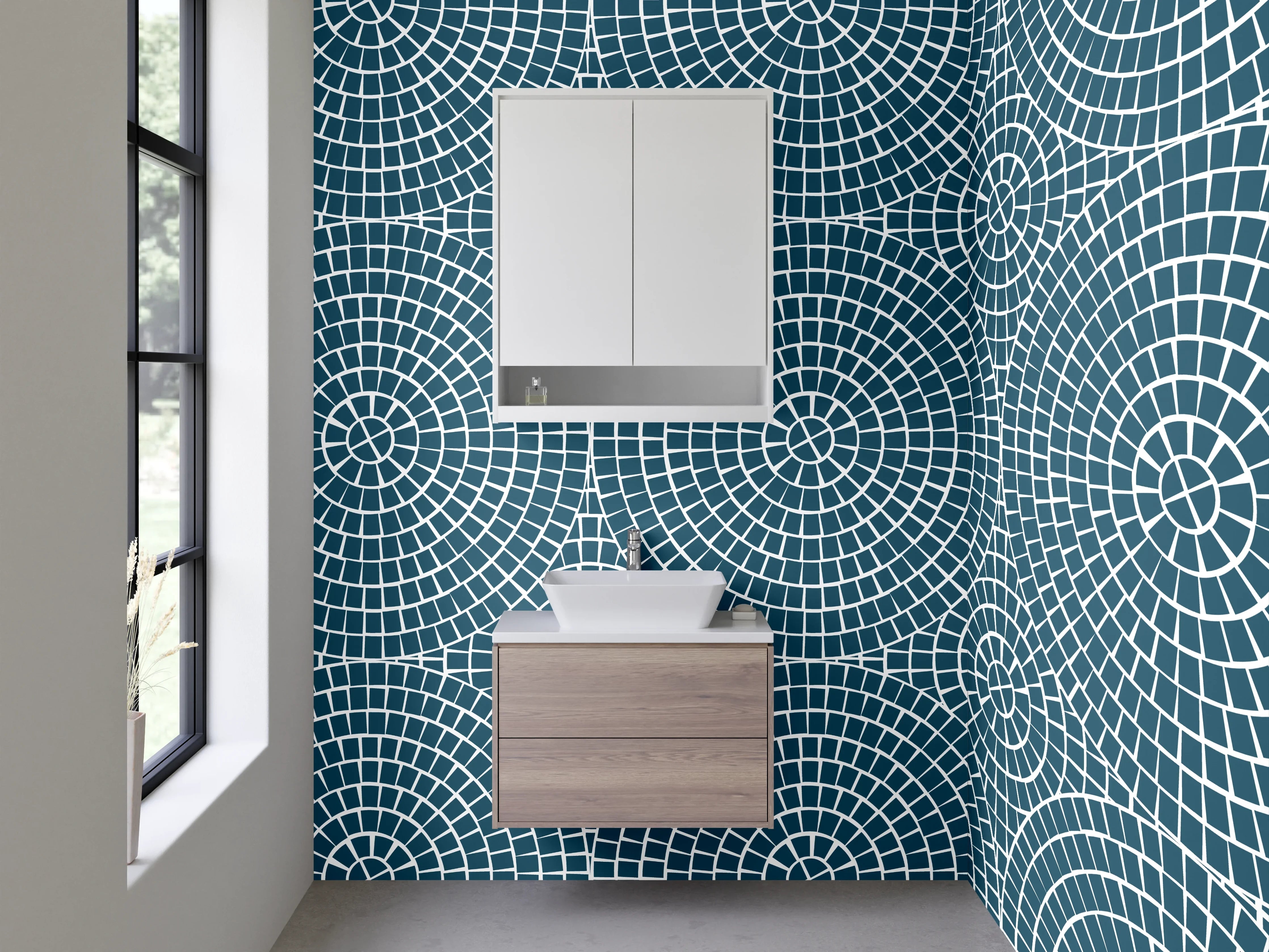 Waschbecken-Rückwand - Geometrisches Kreismuster Blau Modern