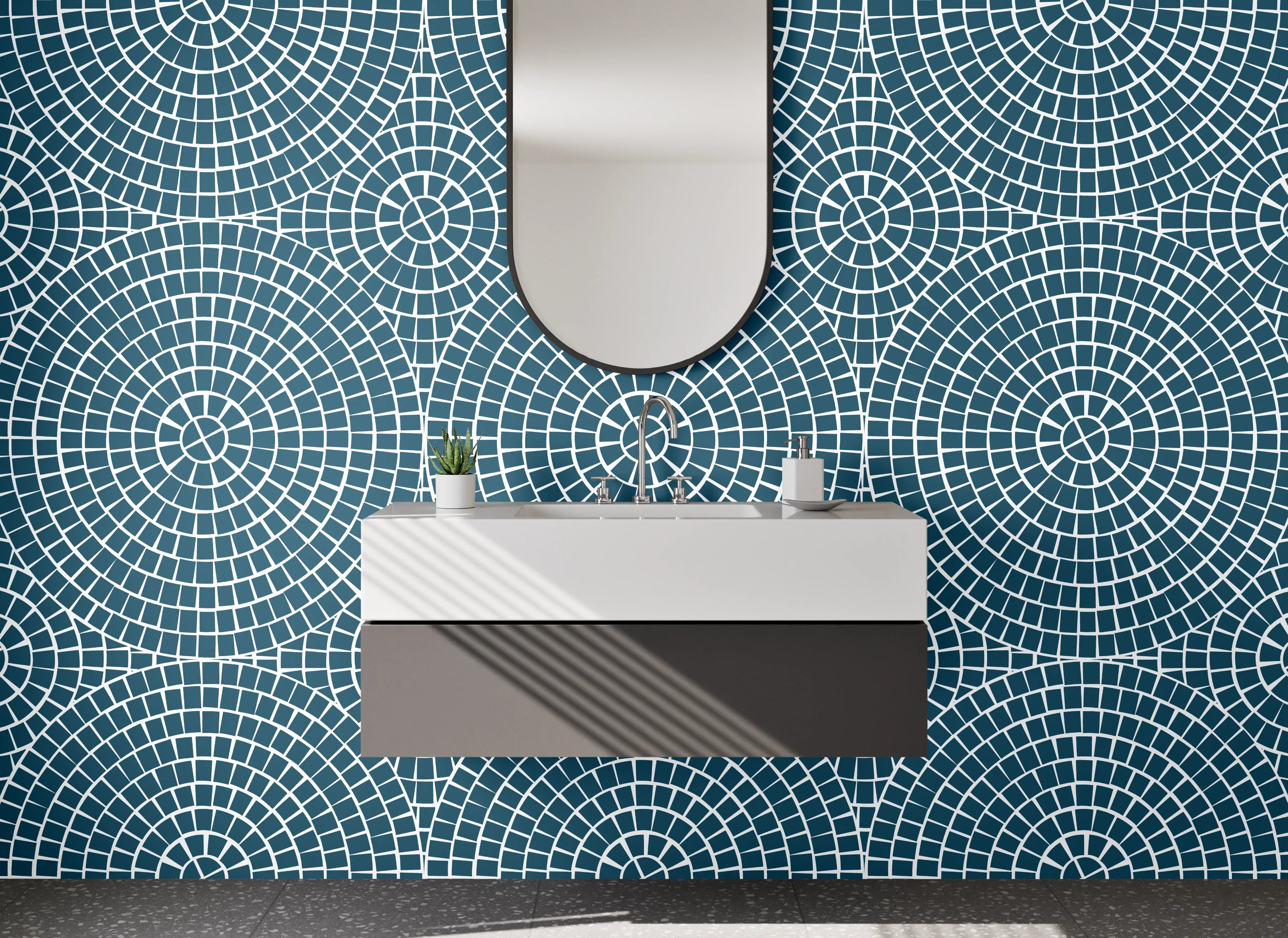 Waschbecken-Rückwand - Geometrisches Kreismuster Blau Modern