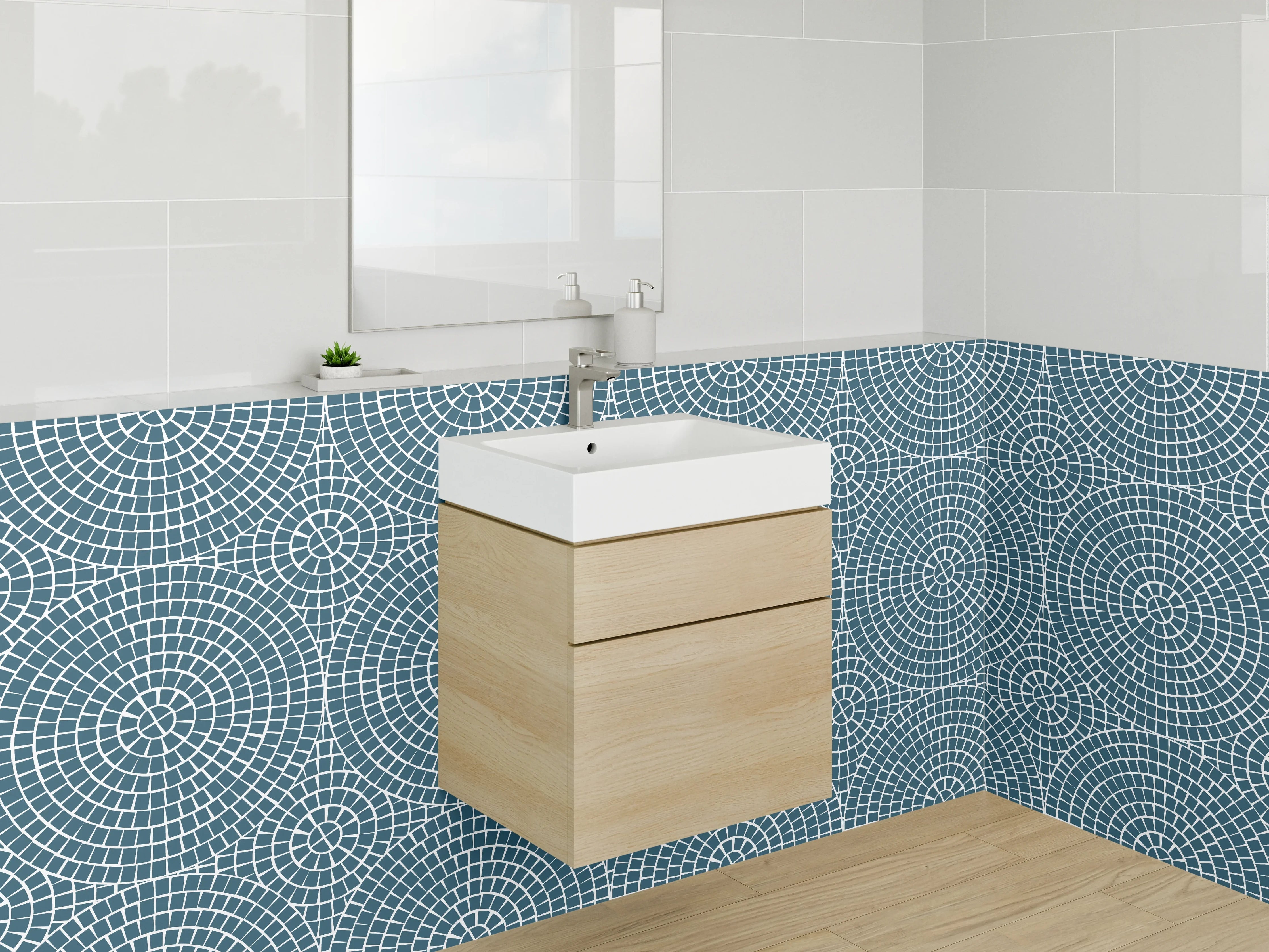 Waschbecken-Rückwand - Geometrisches Kreismuster Blau Modern