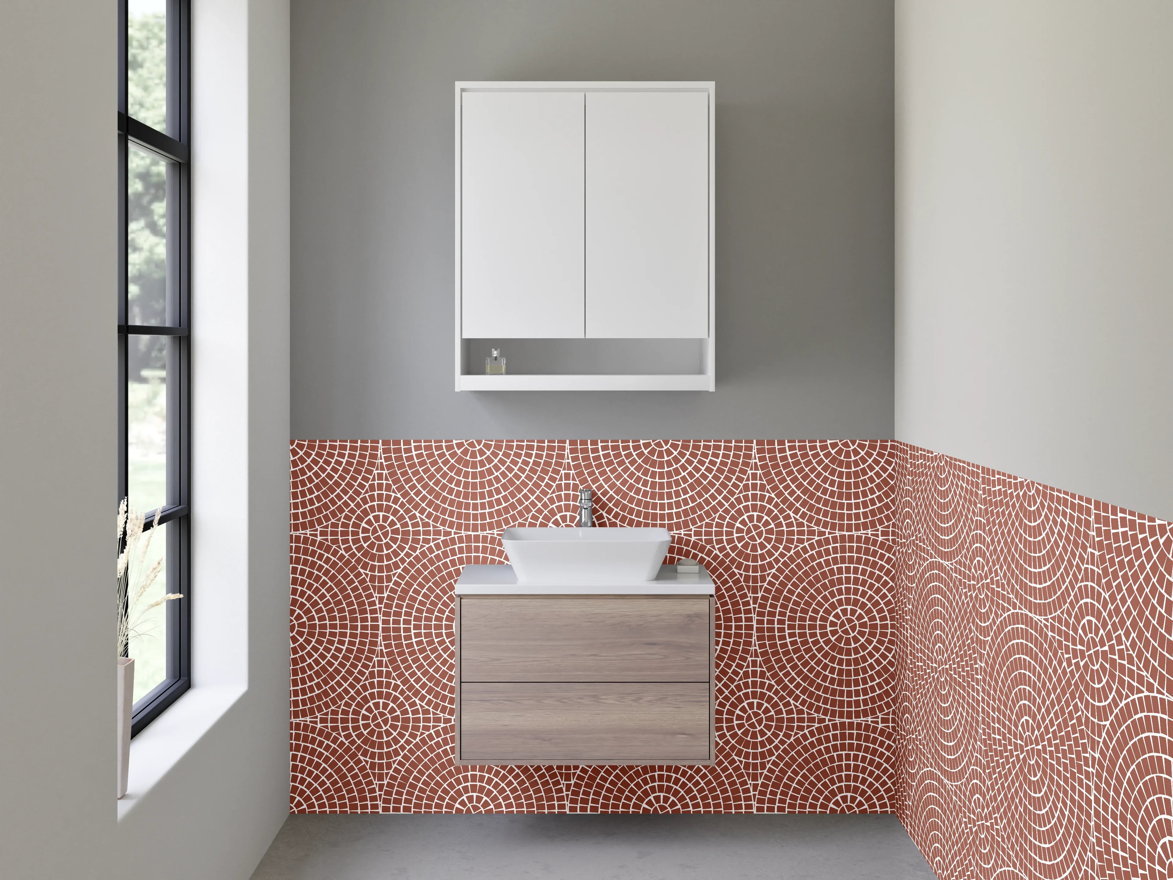 Waschbecken-Rückwand - Geometrisches Kreismuster Retro Braun