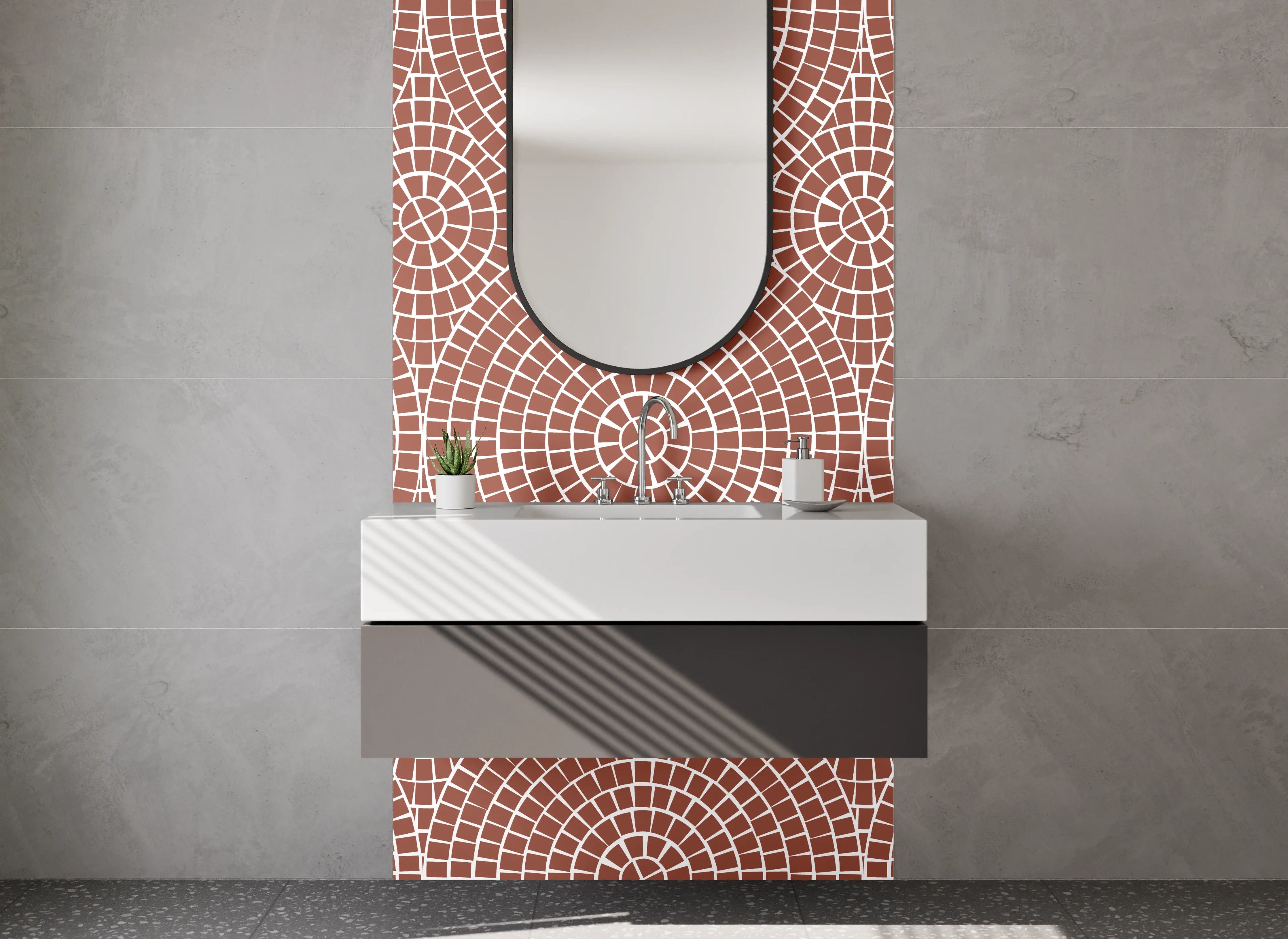 Waschbecken-Rückwand - Geometrisches Kreismuster Retro Braun