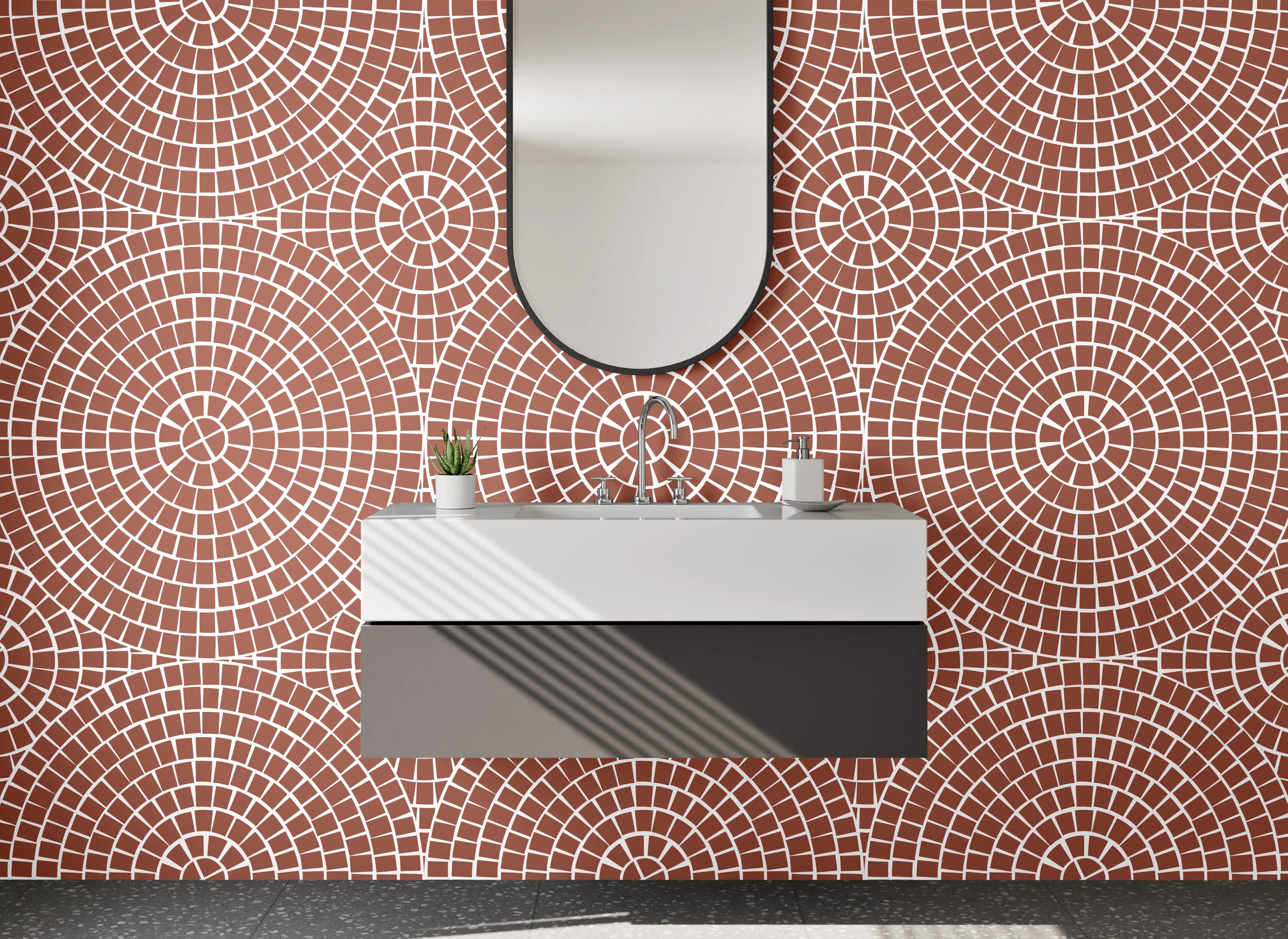 Waschbecken-Rückwand - Geometrisches Kreismuster Retro Braun
