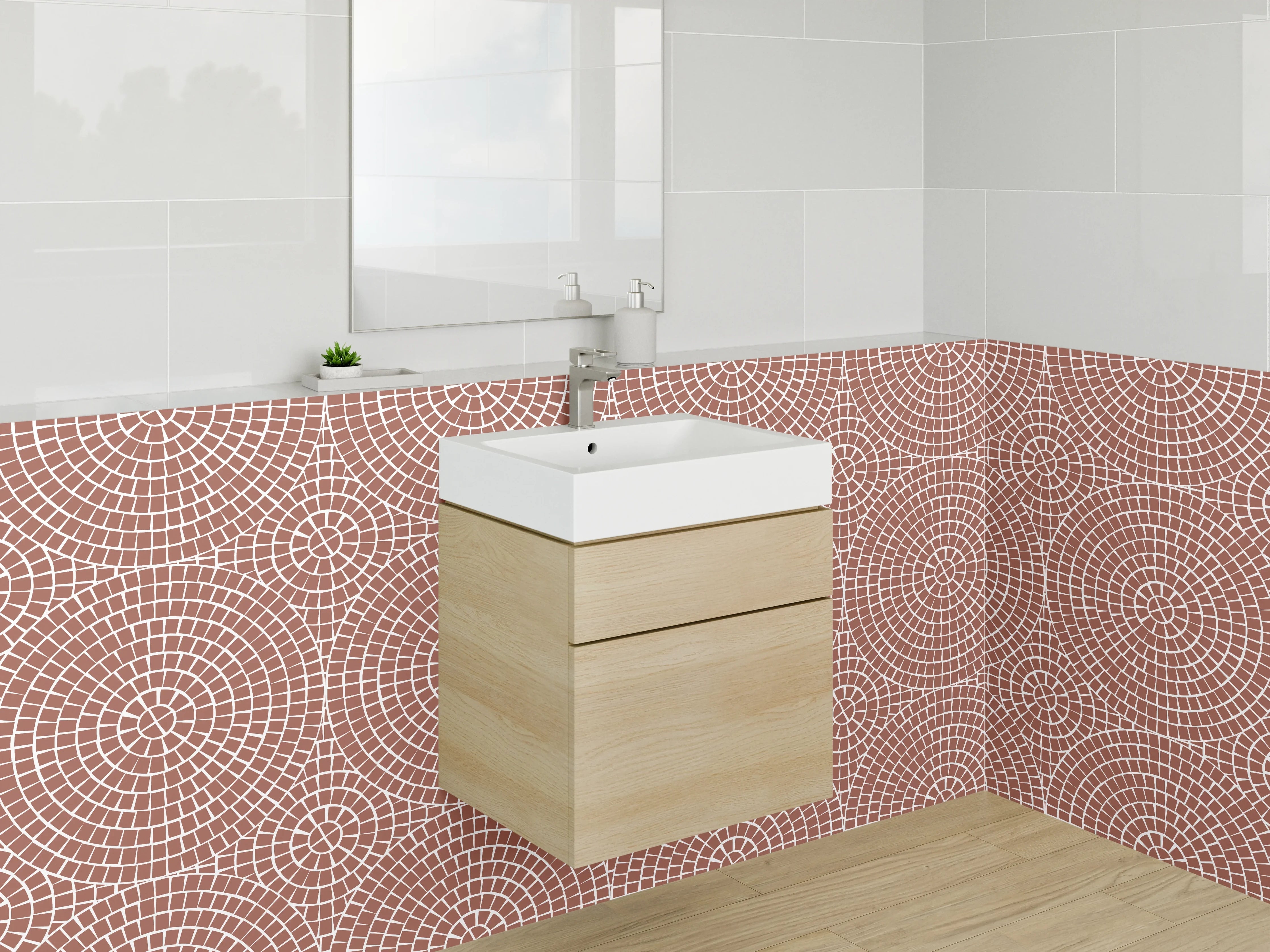 Waschbecken-Rückwand - Geometrisches Kreismuster Retro Braun