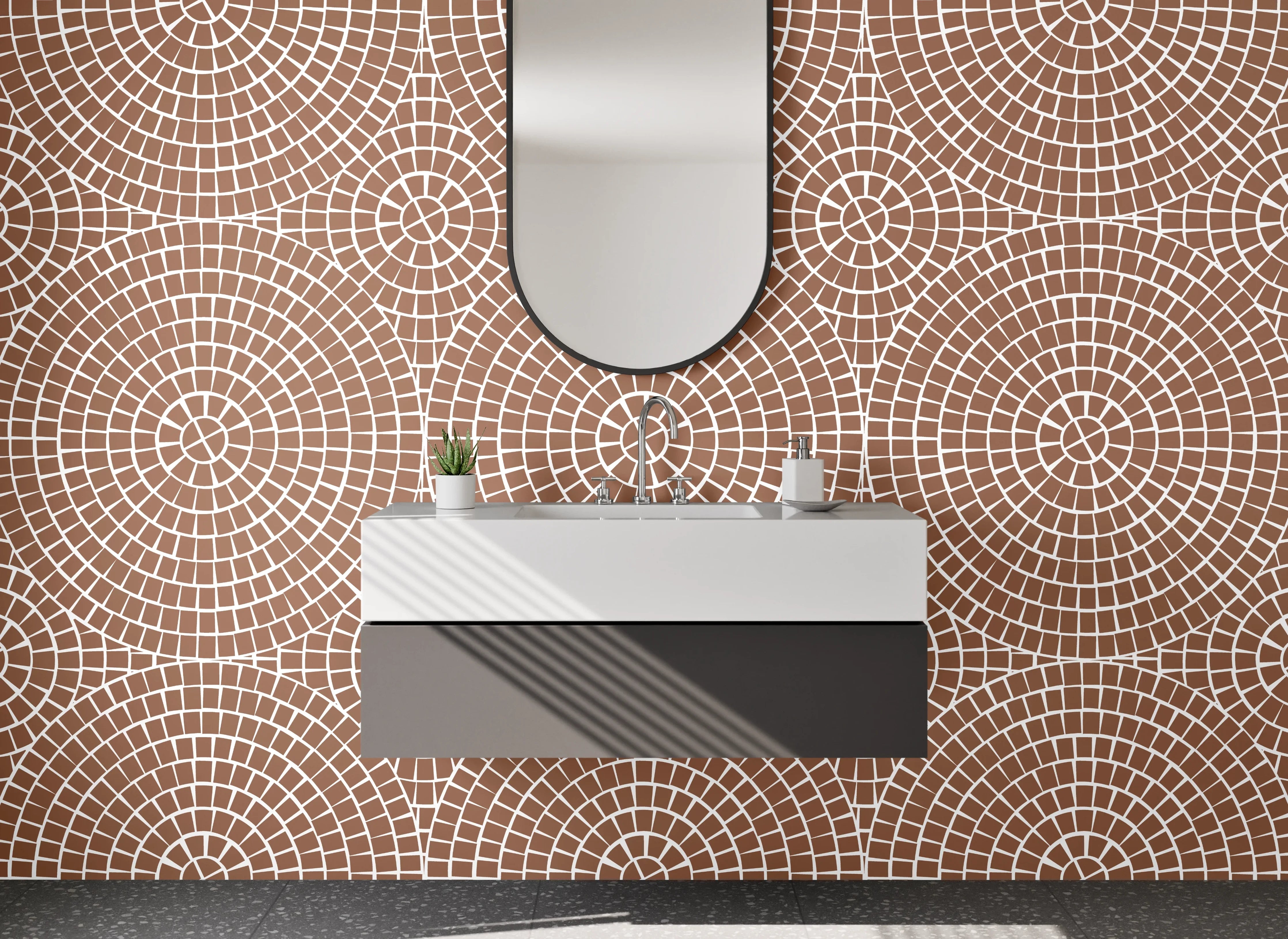 Waschbecken-Rückwand - Geometrisches Kreismuster in Beige Braun