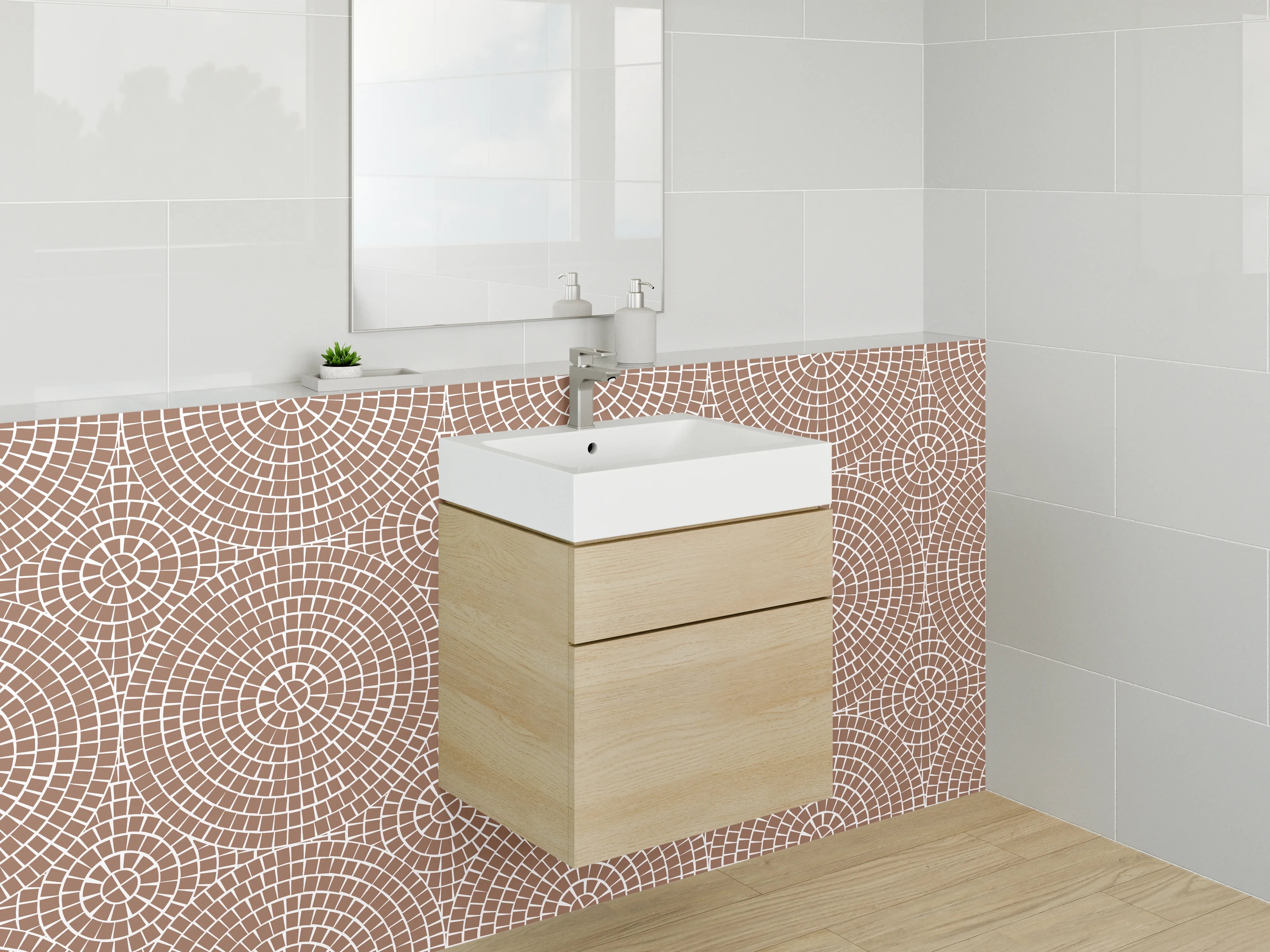 Waschbecken-Rückwand - Geometrisches Kreismuster in Beige Braun