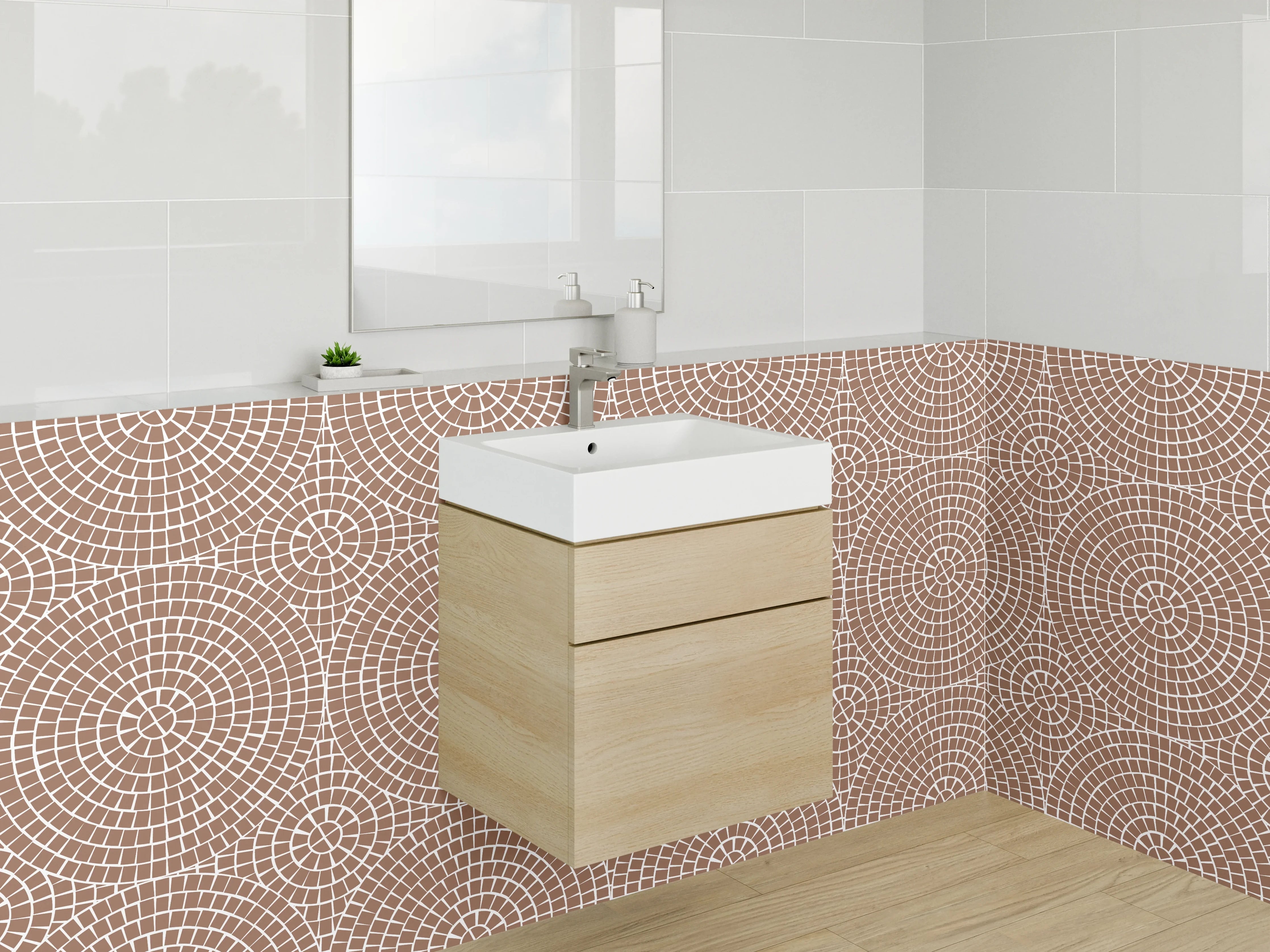 Waschbecken-Rückwand - Geometrisches Kreismuster in Beige Braun