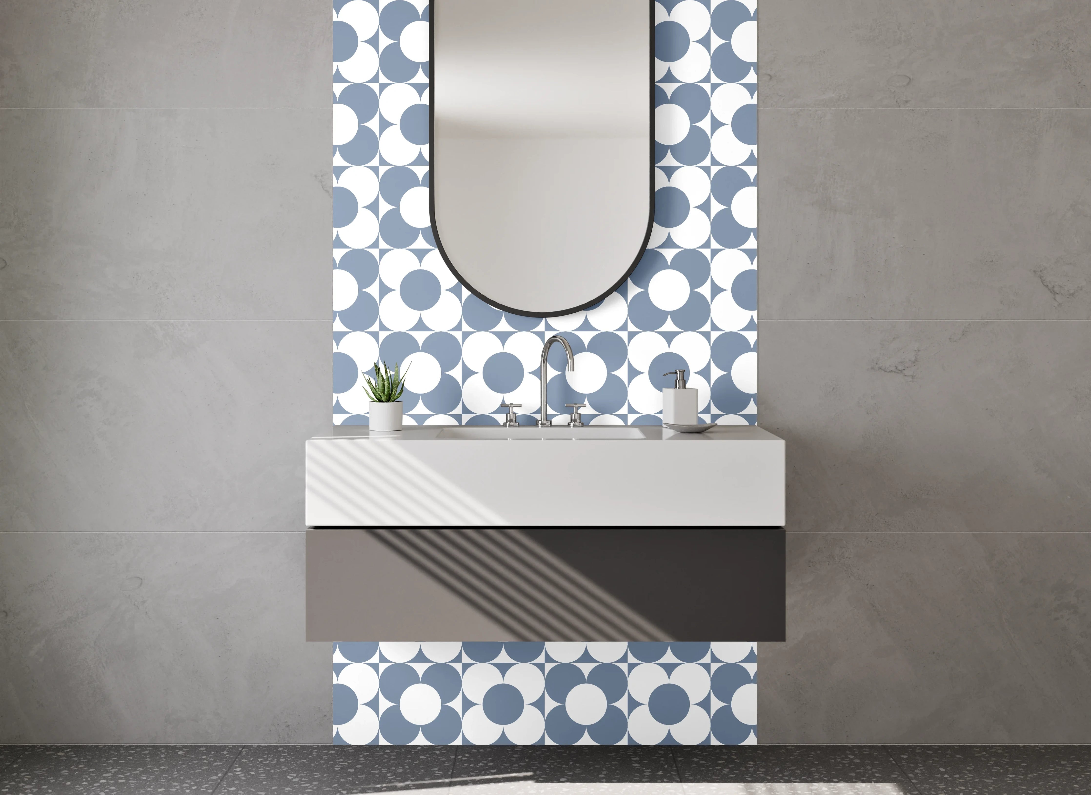 Waschbecken-Rückwand - Geometrisches Kreismuster in Grau-Weiß