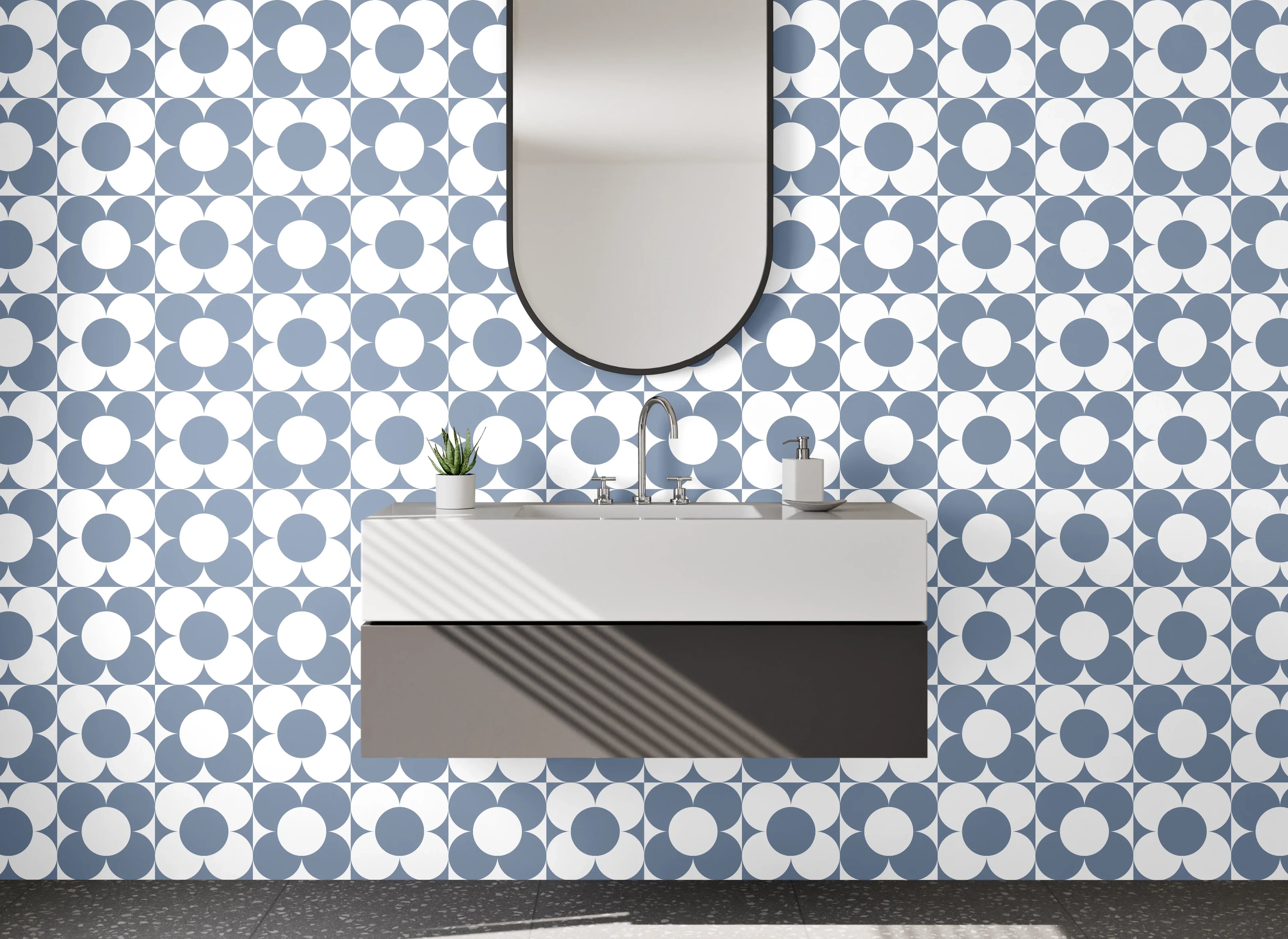 Waschbecken-Rückwand - Geometrisches Kreismuster in Grau-Weiß