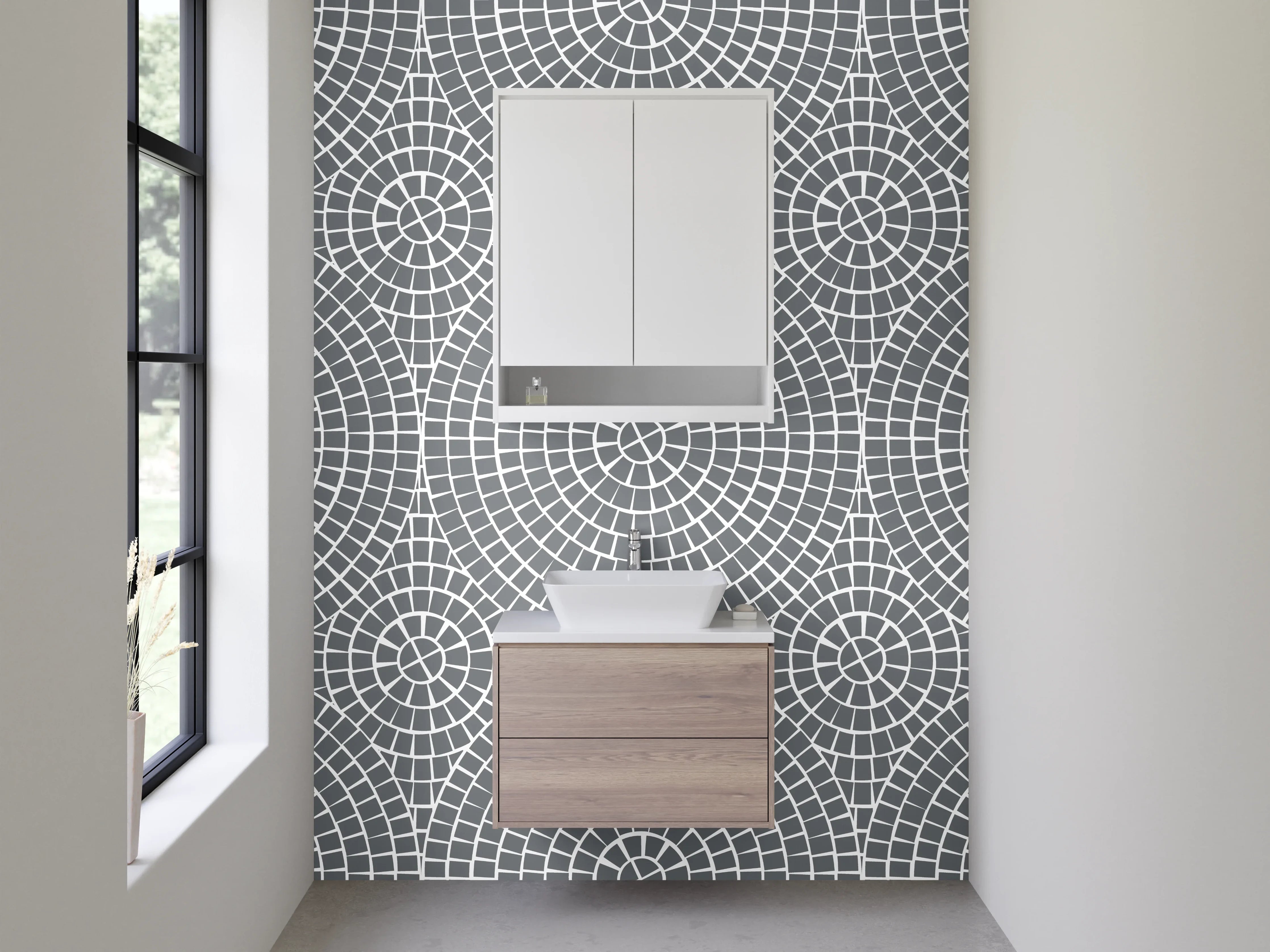 Waschbecken-Rückwand - Geometrisches Kreismuster in Grau und Weiß
