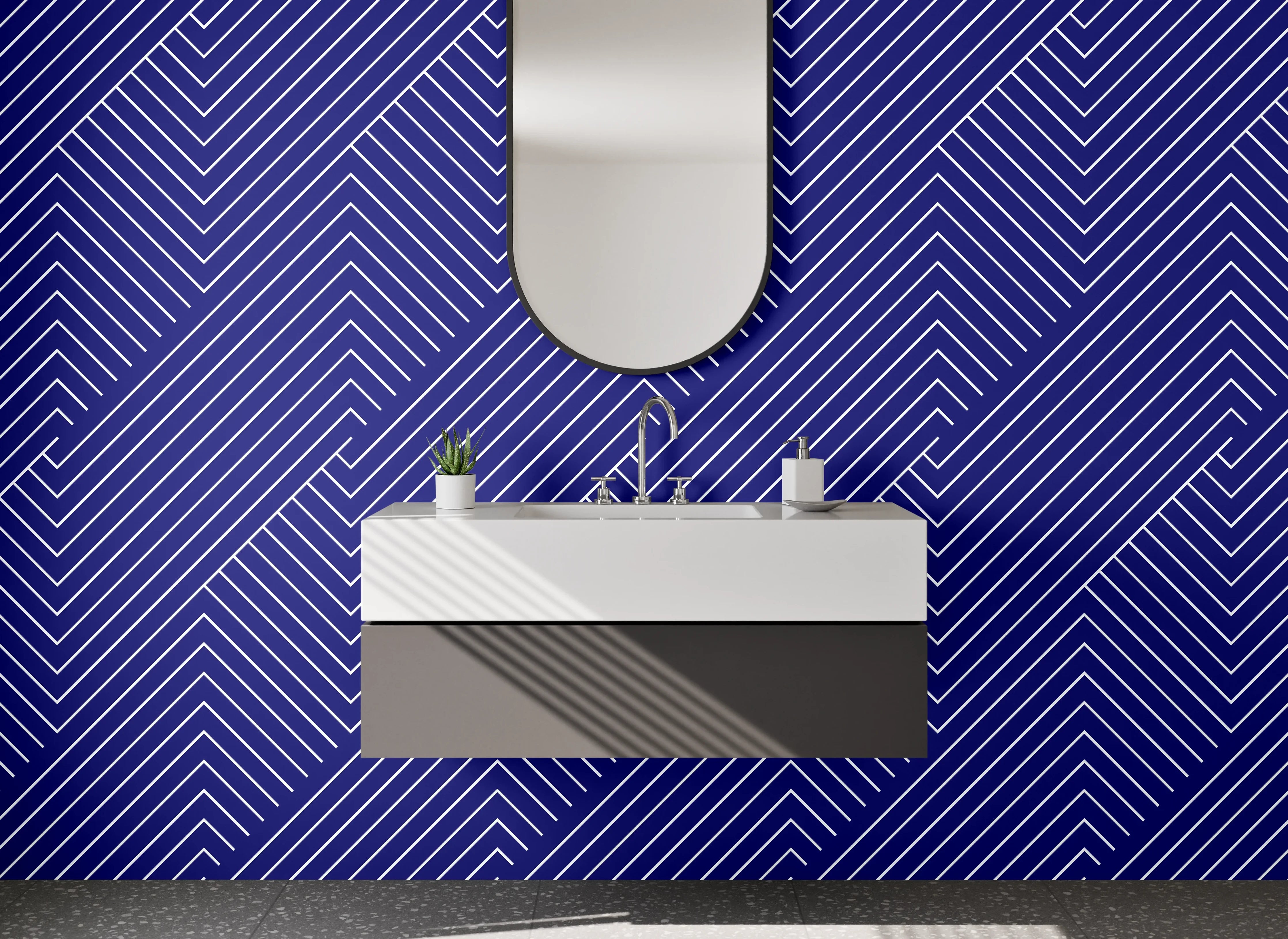 Waschbecken-Rückwand - Geometrisches Linienmuster Blau Weiß