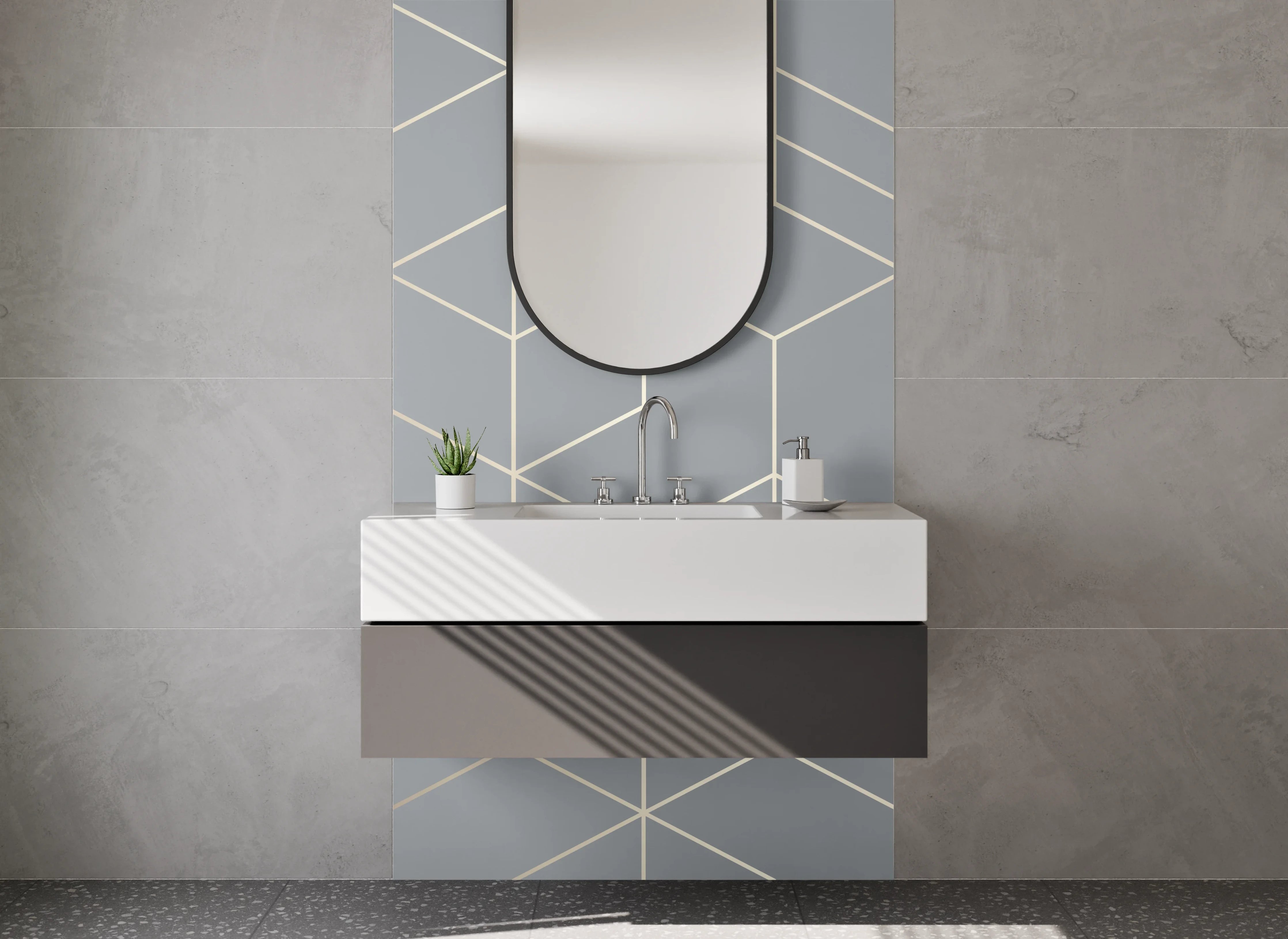 Waschbecken-Rückwand - Geometrisches Linienmuster Grau Silber