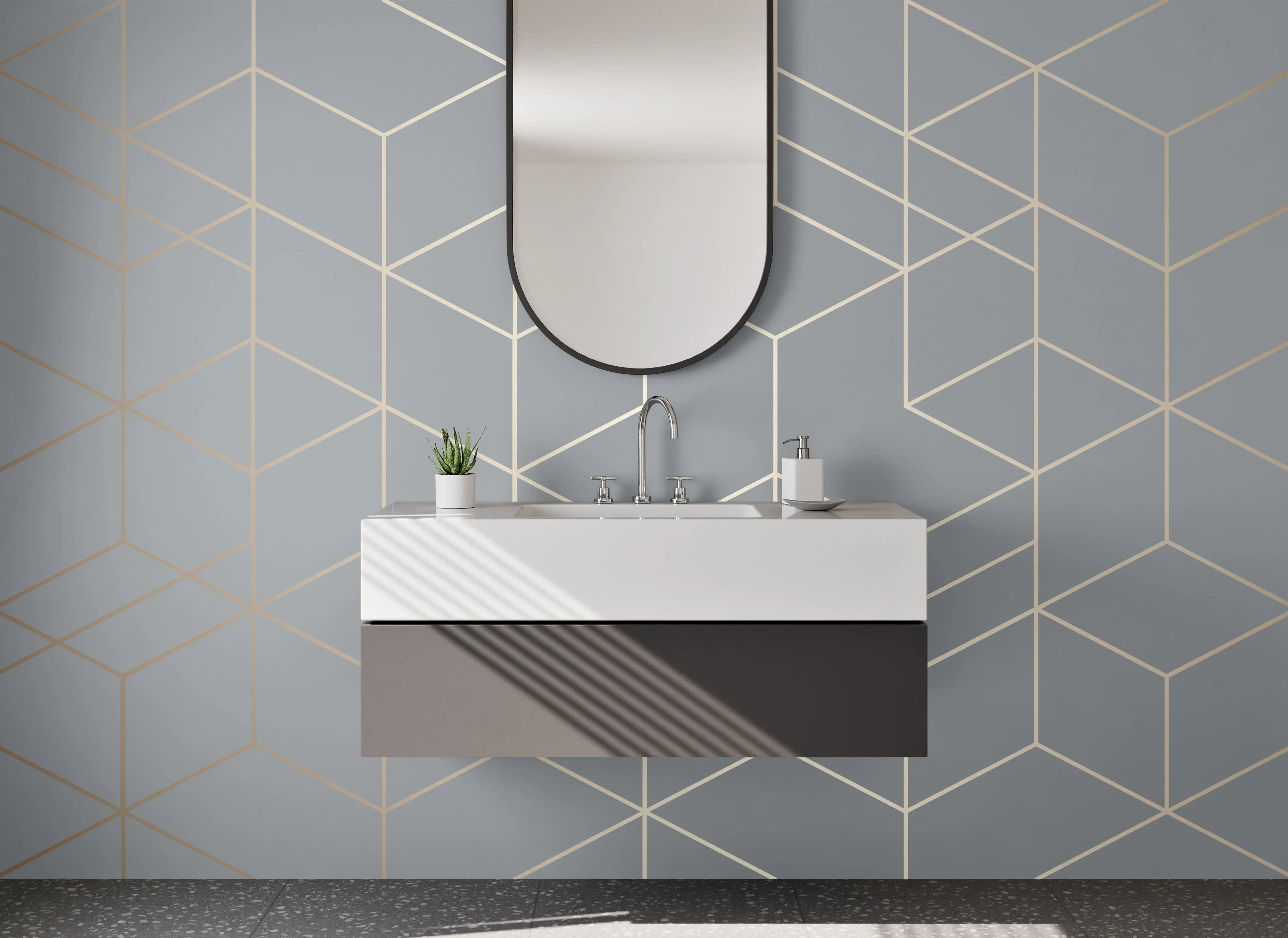 Waschbecken-Rückwand - Geometrisches Linienmuster Grau Silber
