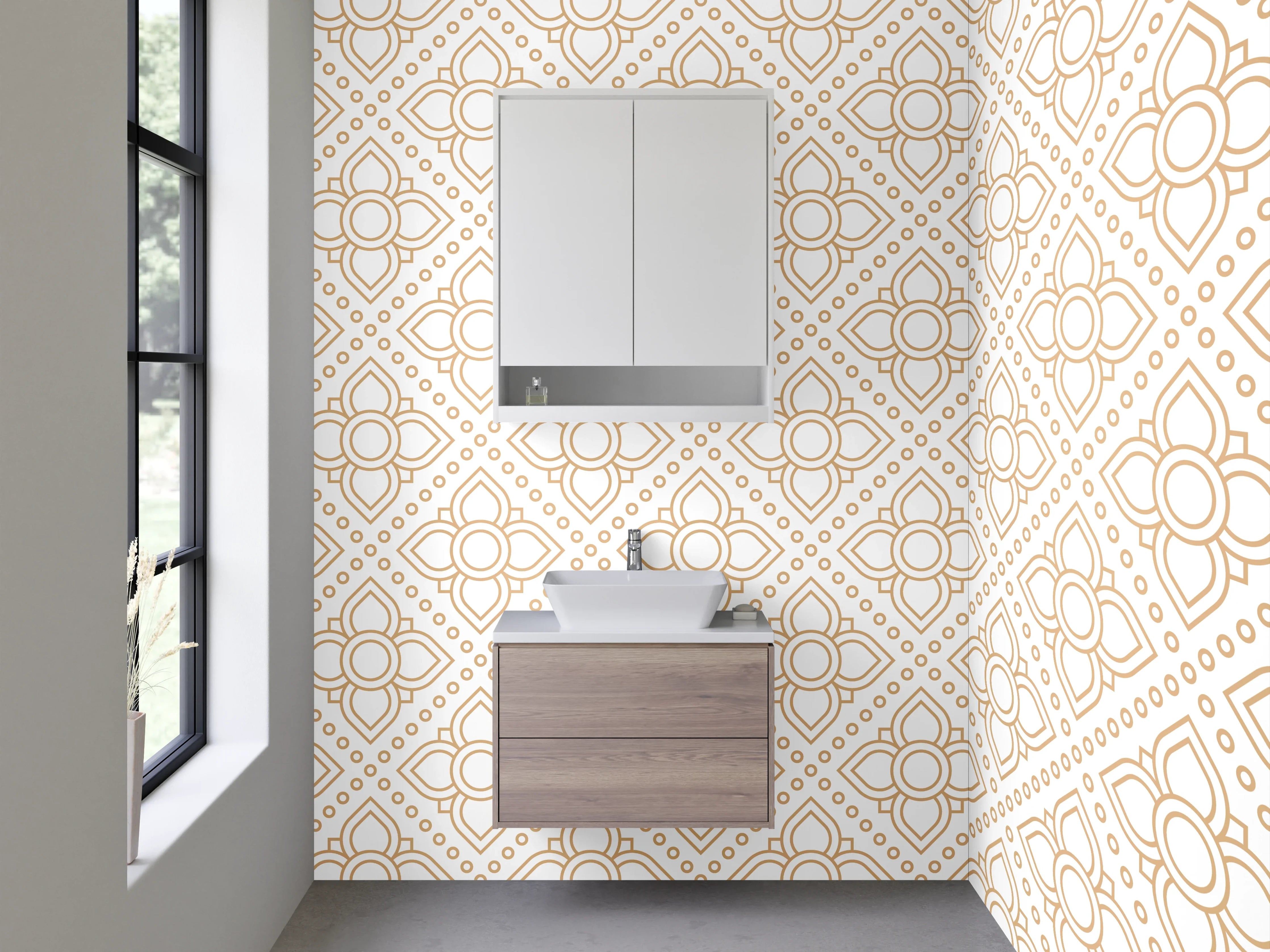 Waschbecken-Rückwand - Geometrisches Linienmuster in Beige-Gold