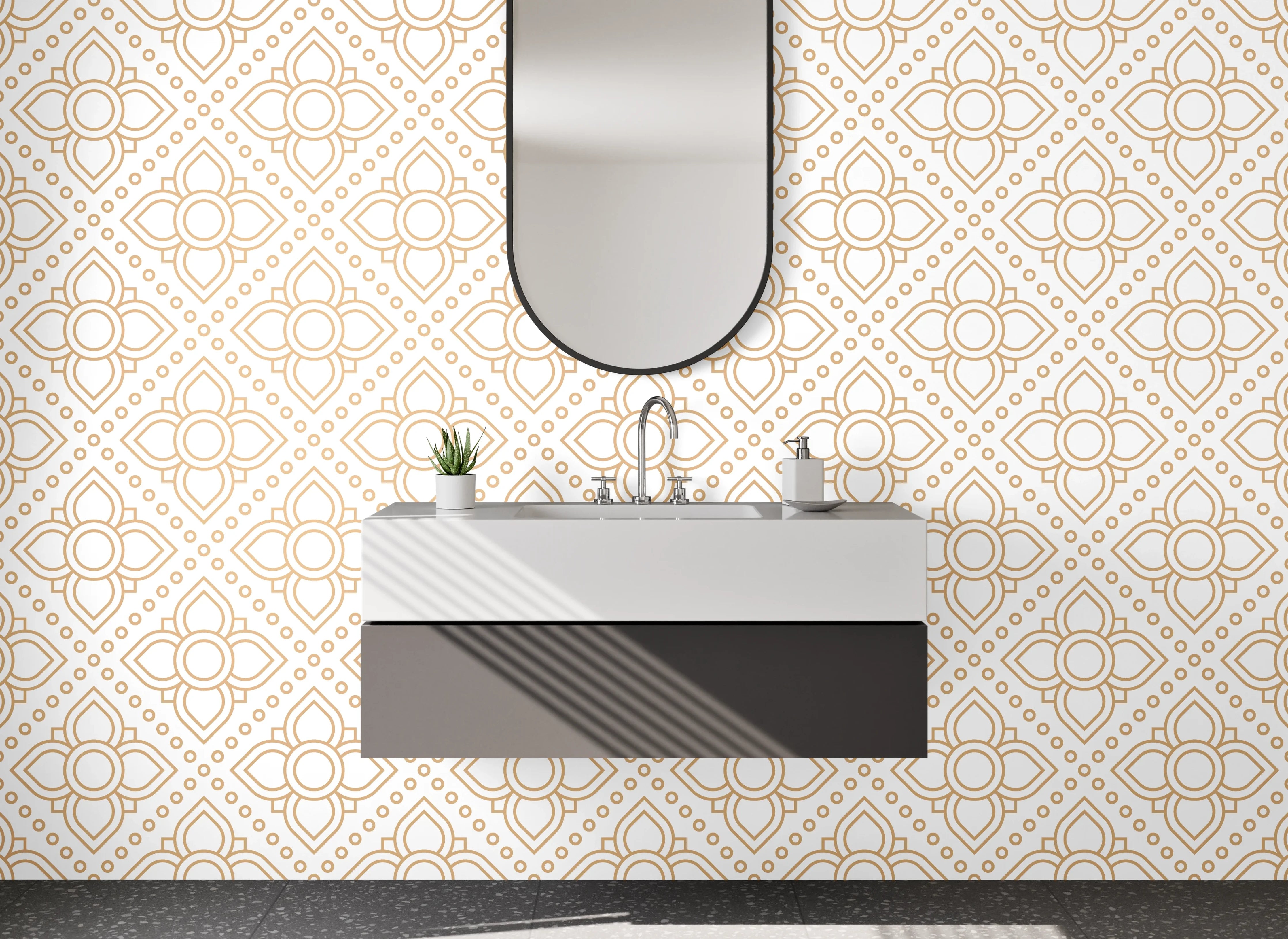 Waschbecken-Rückwand - Geometrisches Linienmuster in Beige-Gold