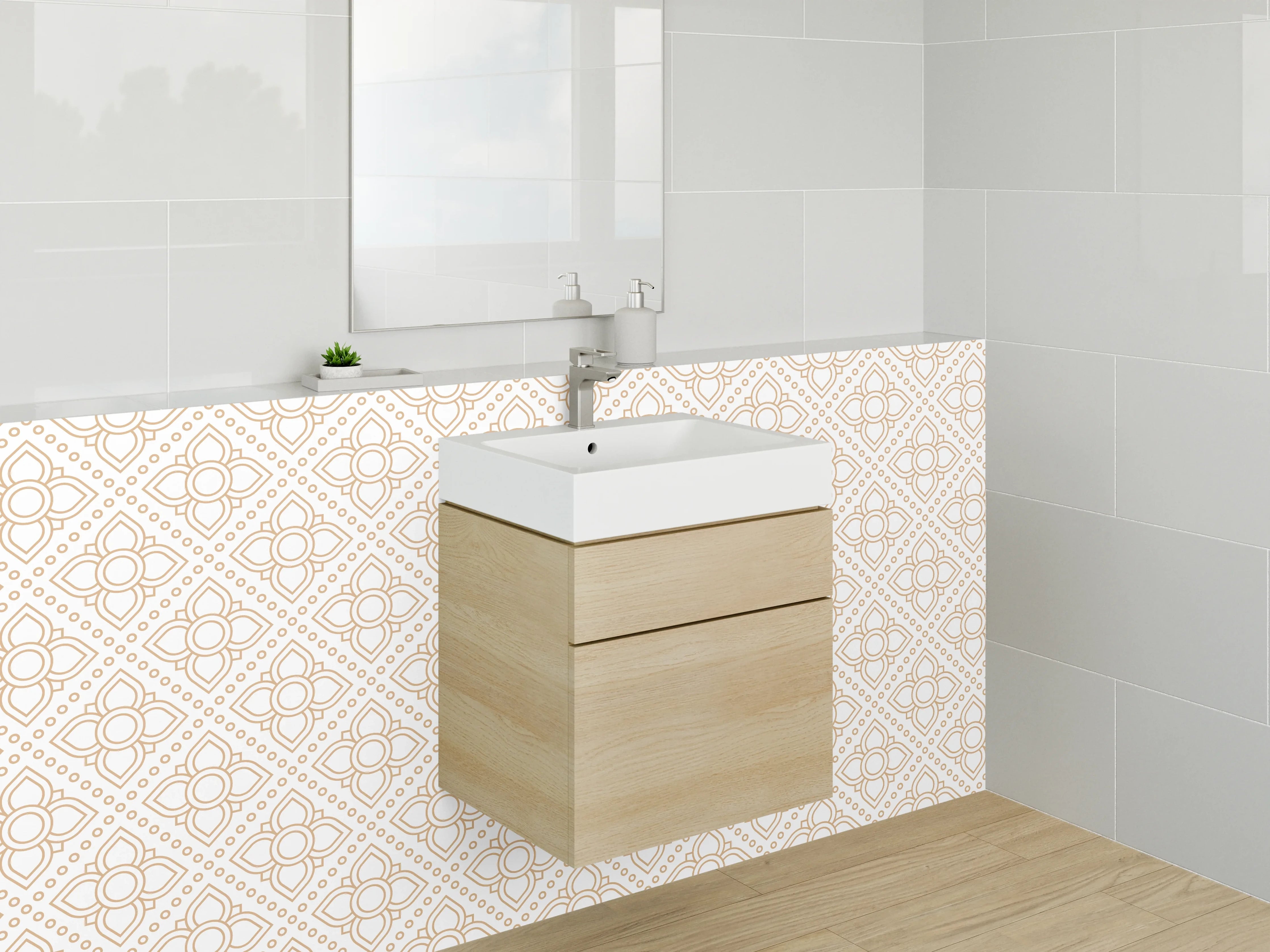 Waschbecken-Rückwand - Geometrisches Linienmuster in Beige-Gold