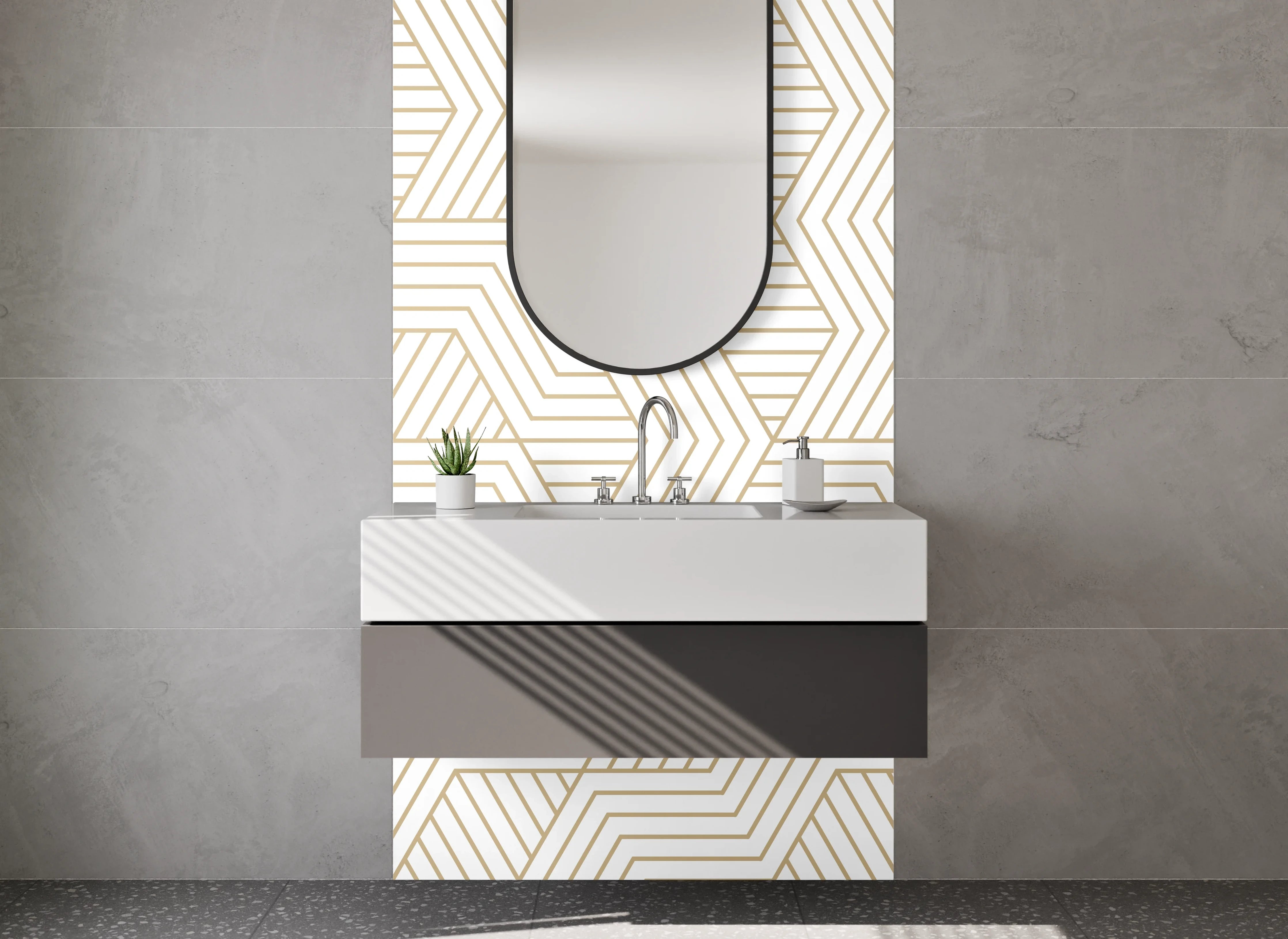 Waschbecken-Rückwand - Geometrisches Linienmuster in Beige und Weiß