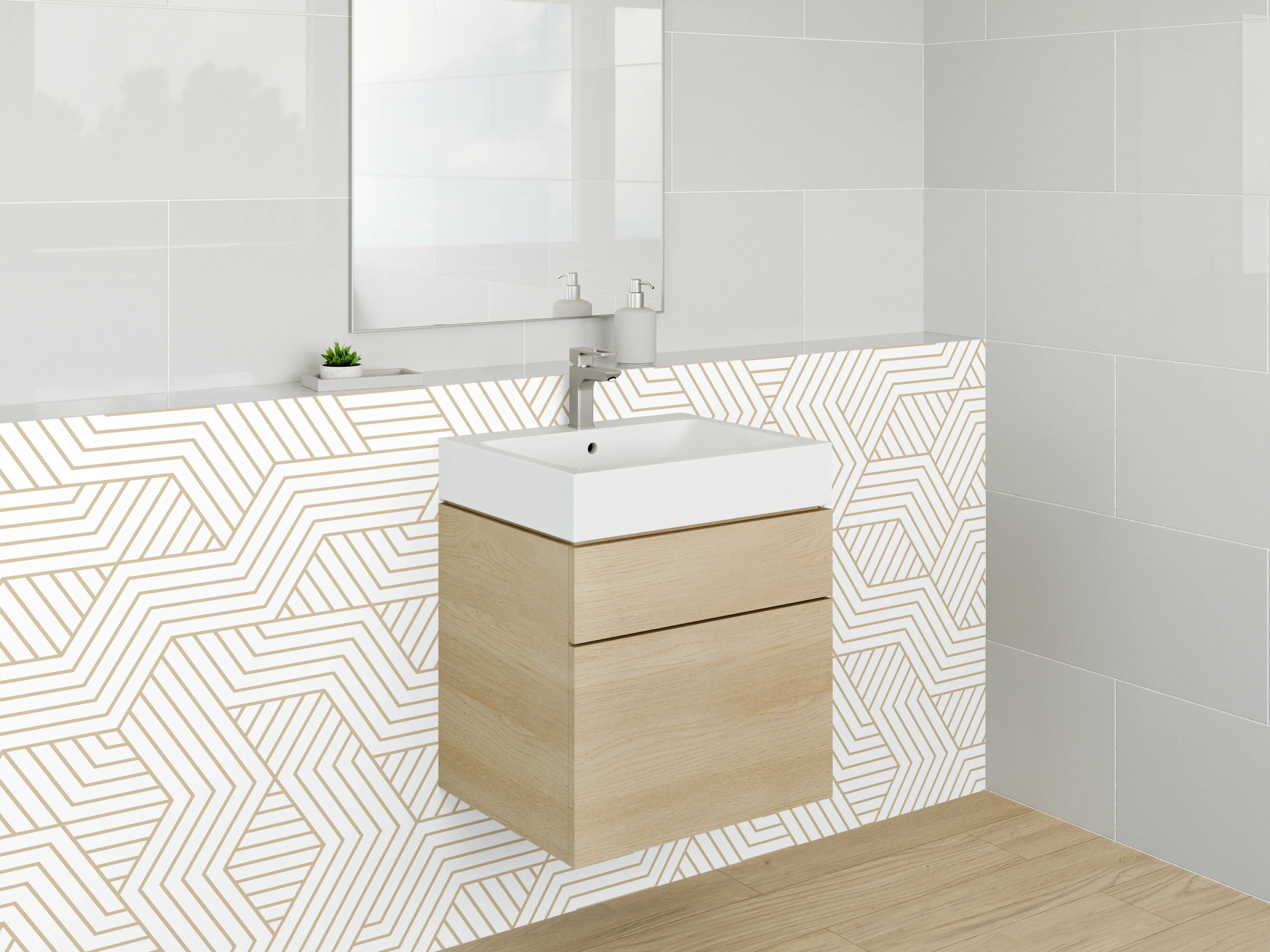 Waschbecken-Rückwand - Geometrisches Linienmuster in Beige und Weiß