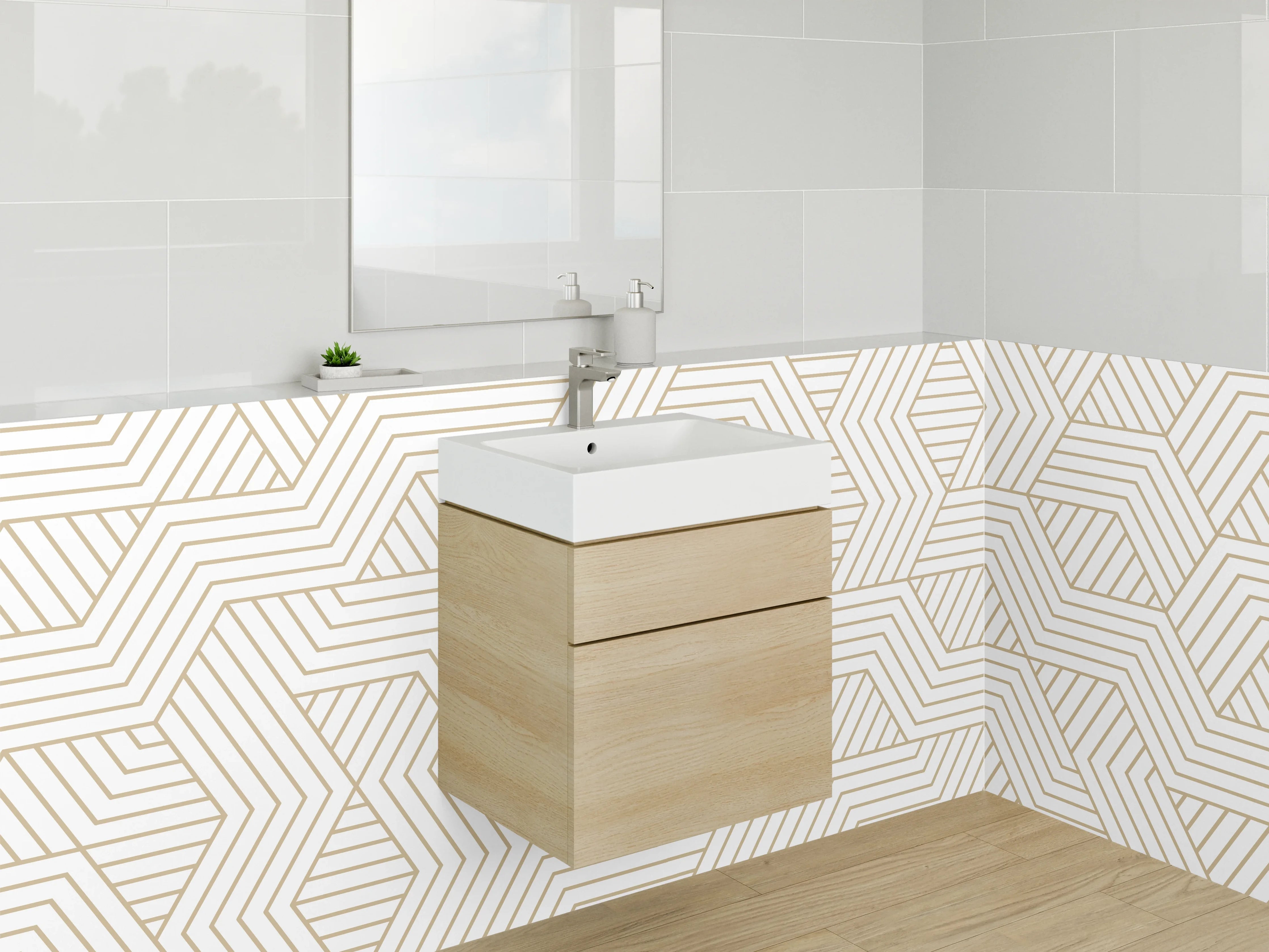Waschbecken-Rückwand - Geometrisches Linienmuster in Beige und Weiß