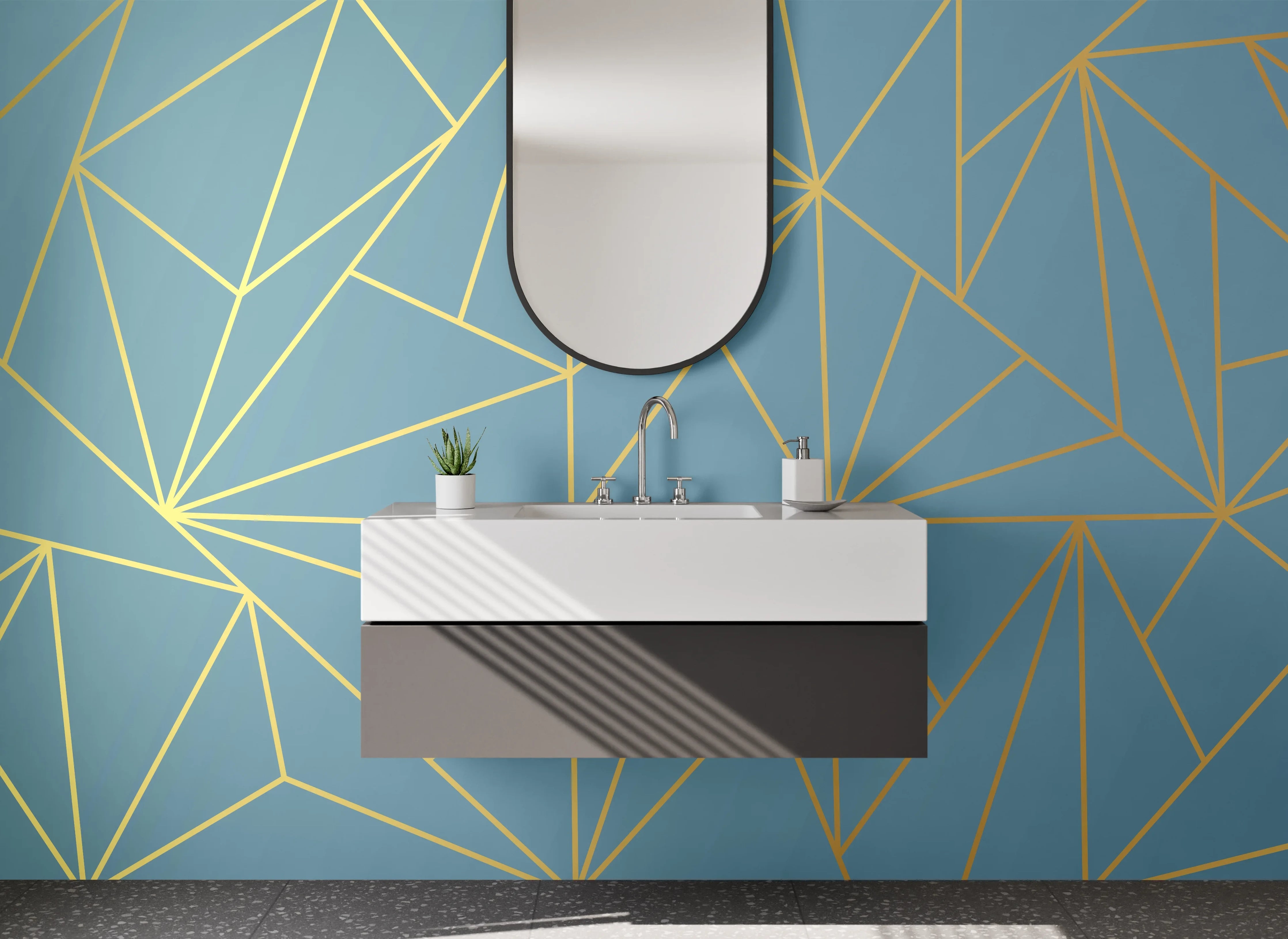 Waschbecken-Rückwand - Geometrisches Linienmuster in Blau-Gold