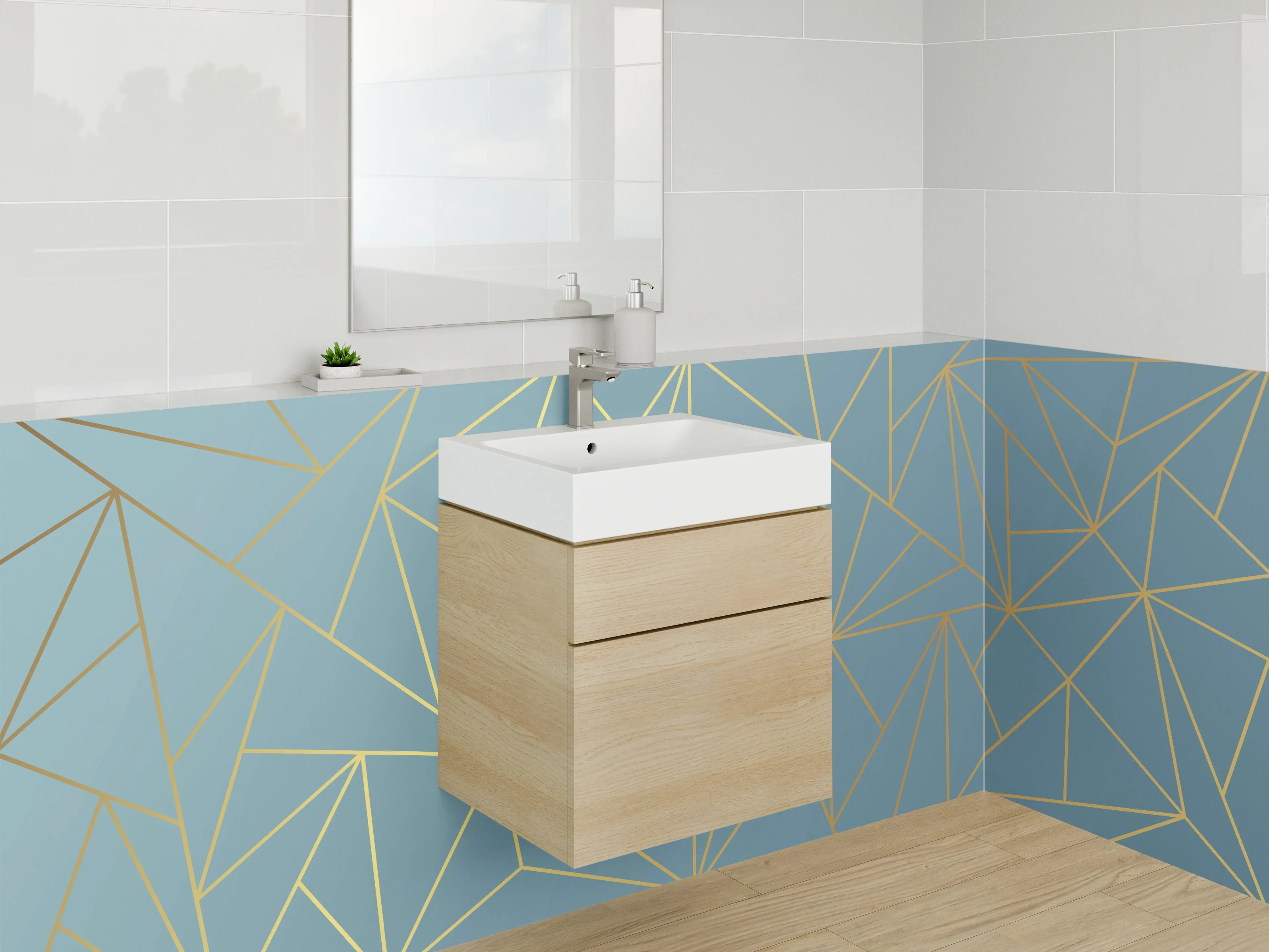 Waschbecken-Rückwand - Geometrisches Linienmuster in Blau-Gold